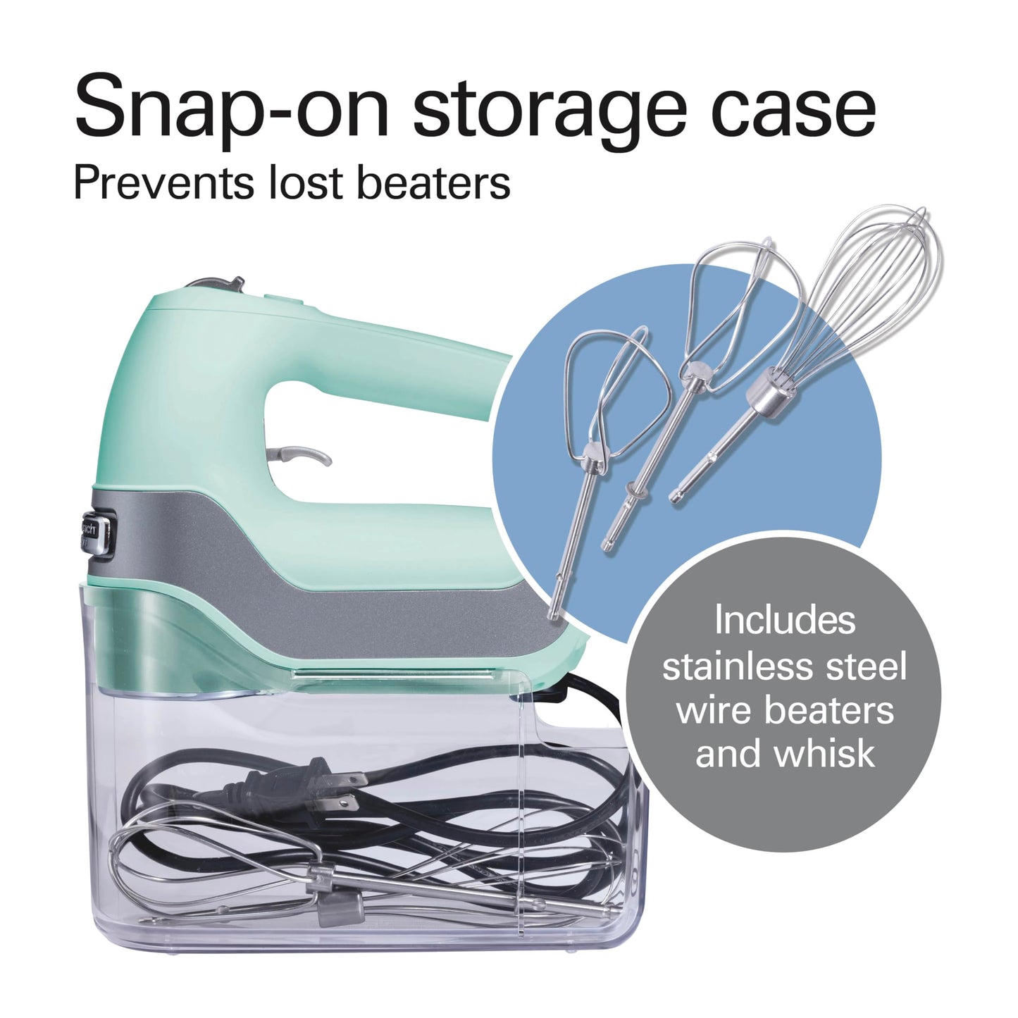 Hamilton Beach Professional 5-Speed Electric Hand Mixer with Snap-On Storage Case, QuickBurst, Stainless Steel Twisted Wire Beaters and Whisk, Mint (62658)