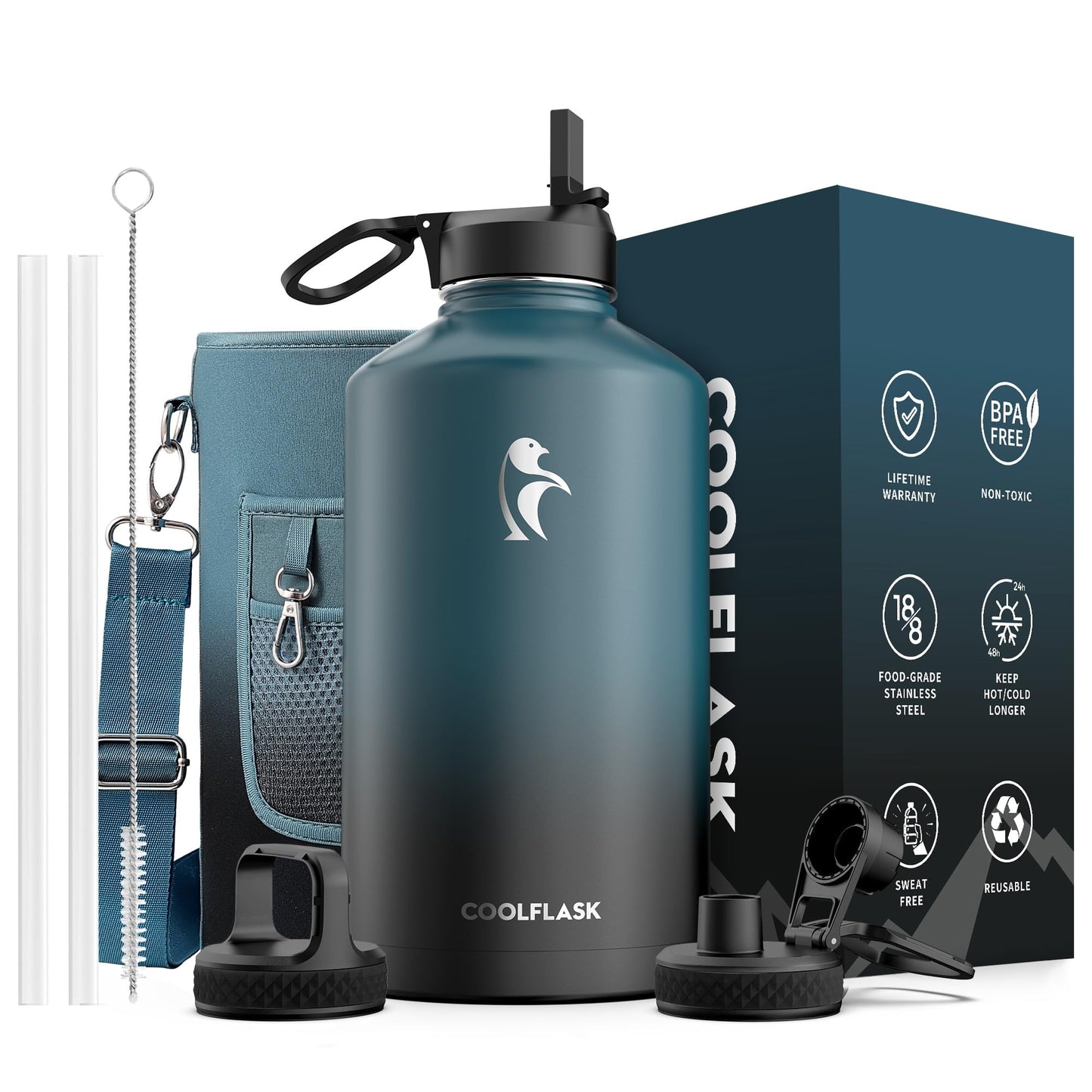 Coolflask 128 oz Gallon Water Bottle Insulated with Straw&3 Lids, Water Jug Large Stainless Steel Metal Vacuum Wide Mouth for Sports, Gym or Office, Non-BPA Keep Cold 48H Hot 24H, Samurai Cyan