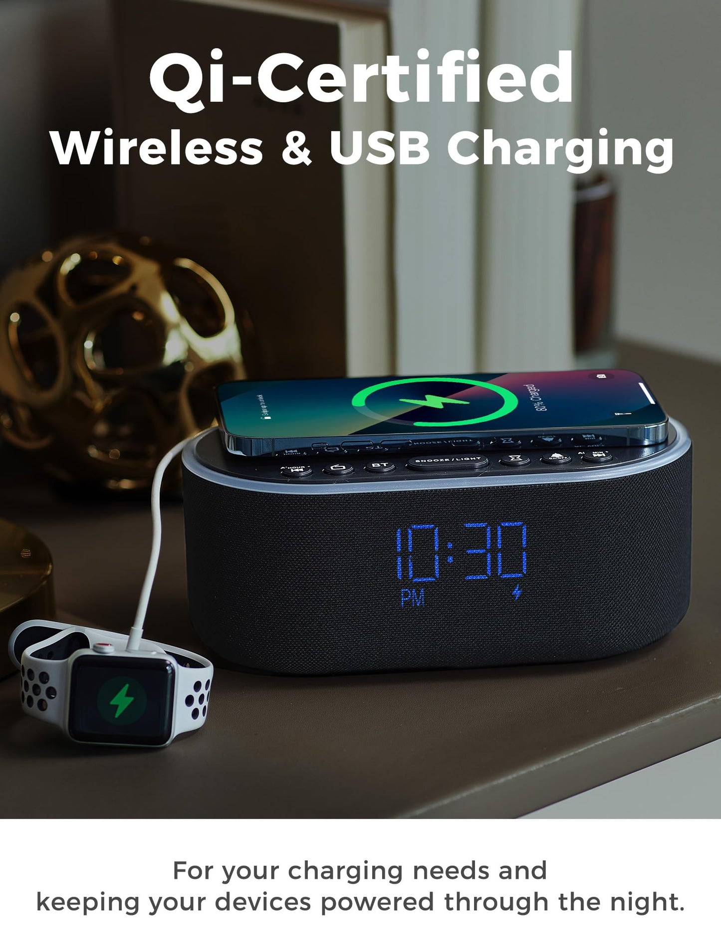 Odokee Wireless Charging Alarm Clock Radio: Qi Certified Fast Wireless Charger for iPhone Samsung - 10W Stereo Bluetooth Speaker - Dimmable Digital Clock with FM Radio for Bedroom Black