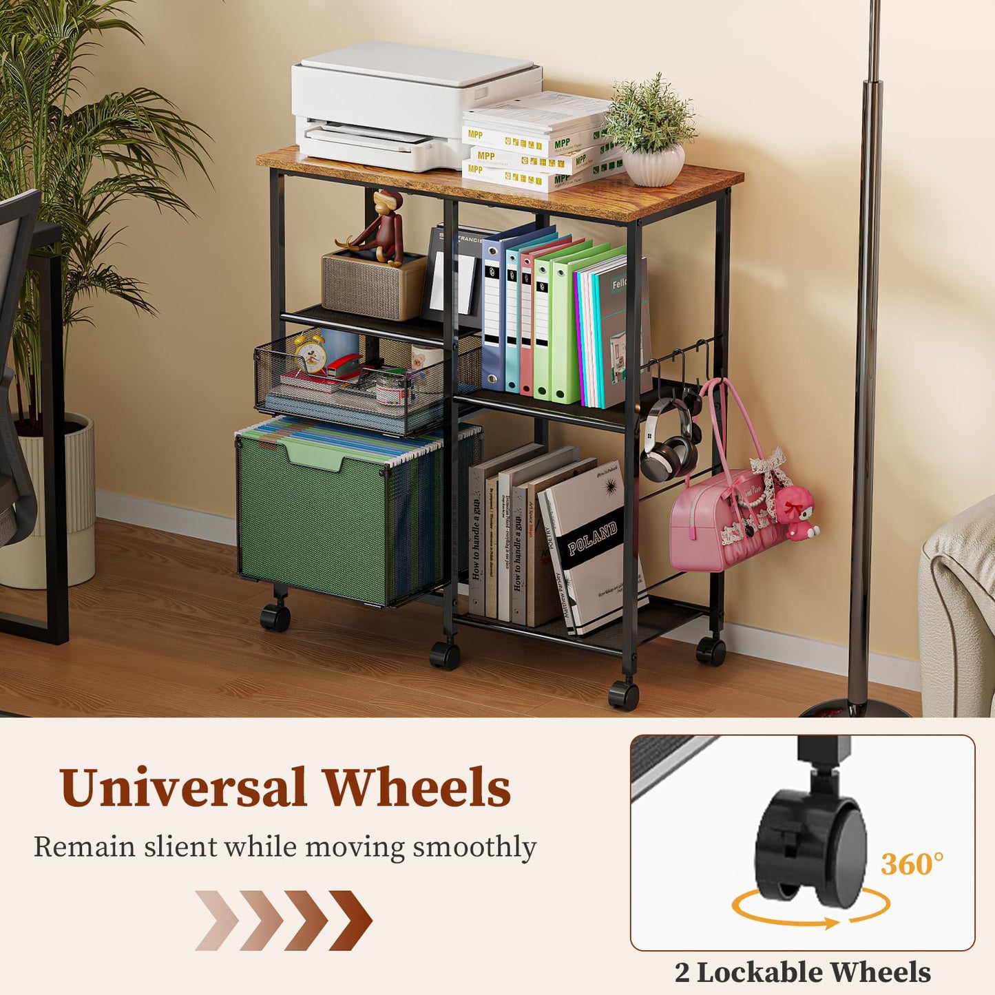 Tiaoheka Rolling File Cart with Wheels,Lateral File Cabinet with 2pcs Drawers,Rolling Printer Stand Cart with Open Storage Shelf,Hanging Filing Cabinet Organizer Cart Fits Letter Size for Home Office