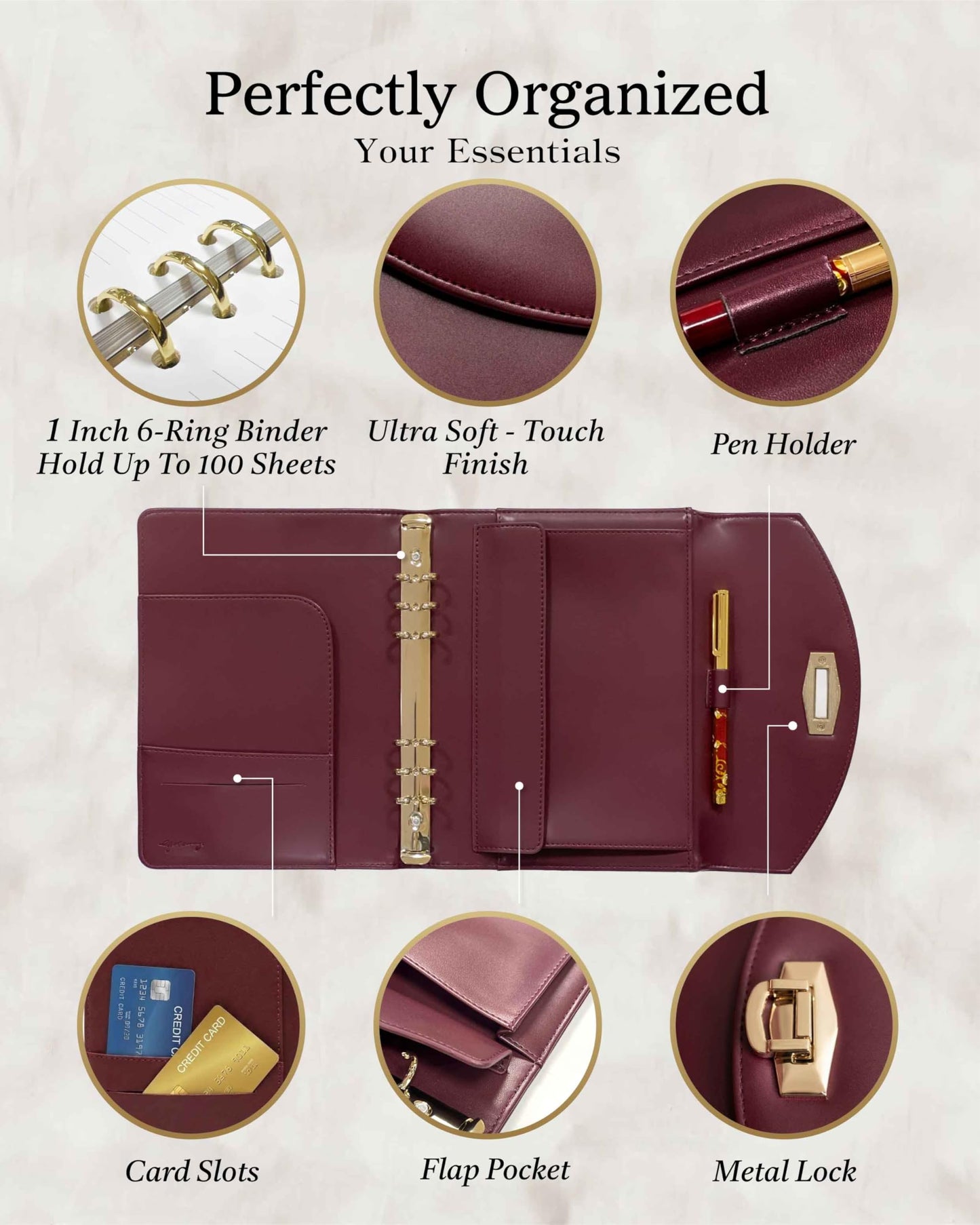 EGOSUNNY Terence Clutch-Style A5 PU Leather Planner 5.8" x 8.3", Refillable 6-Ring Binder with 80 Sheets, Dividers & Elegant Metal Ballpoint Pen – Professional Organizer for Work & Everyday Use
