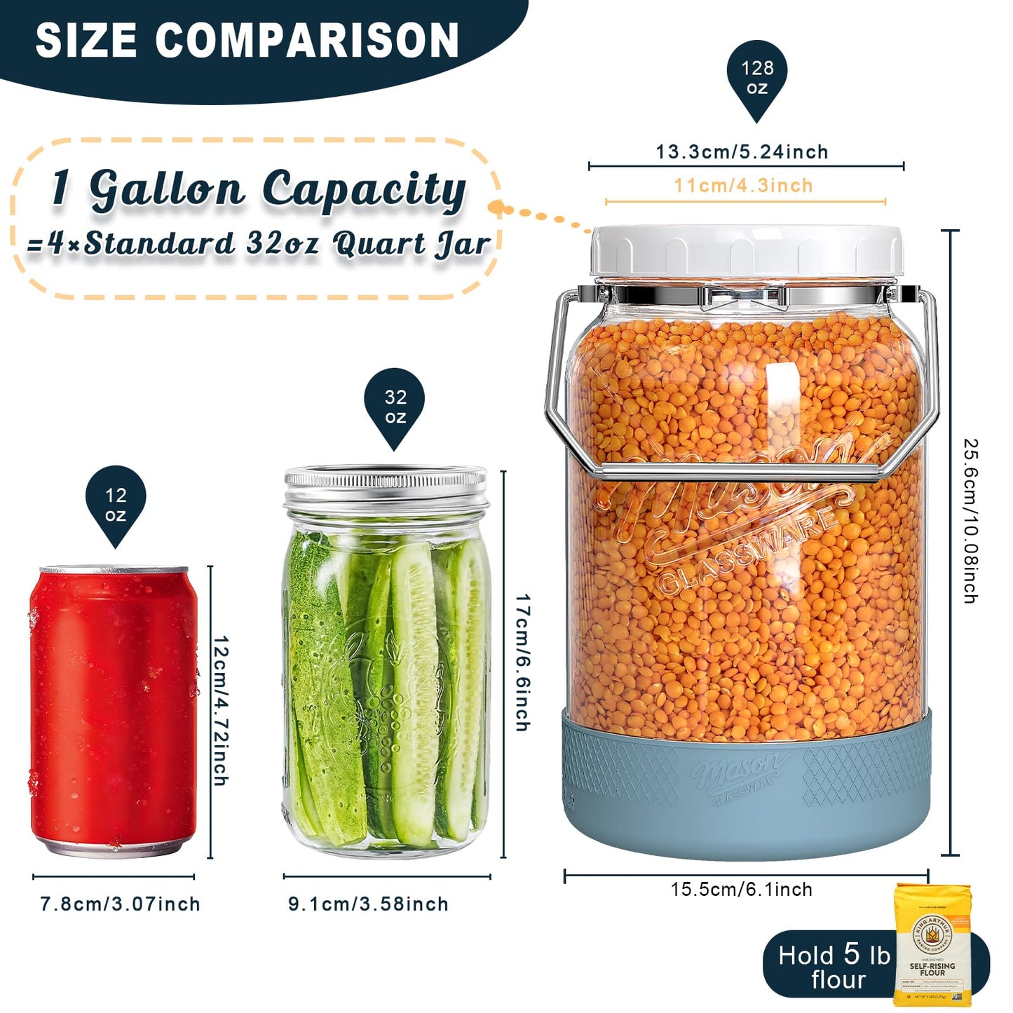 Dwbligt 1 Gallon Glass Jar With Lid – 2 Pack Large Wide Mouth Mason Jars with BPA-free Airtight Lid, Sun Tea Jar - Fermenting & Pickling, Food Storage Canisters with Handle & Non-slip Base for Flour