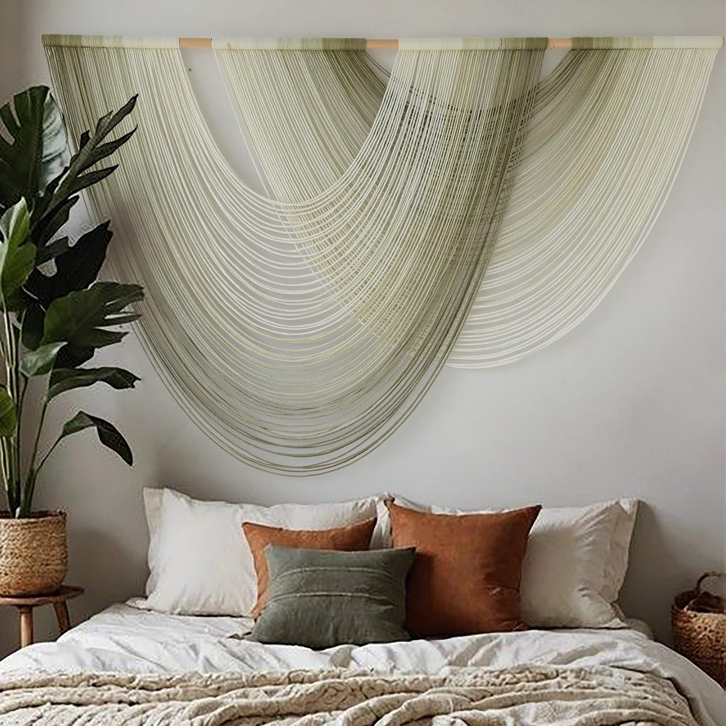Flber Macrame Wall Hanging Boho Wall Decor Tapestry Dip Dyed Ombre Moss Green Handmade Wall Art Woven Cotton Rope Backdrop with for Bedroom Living Room, 57" W x 39" L