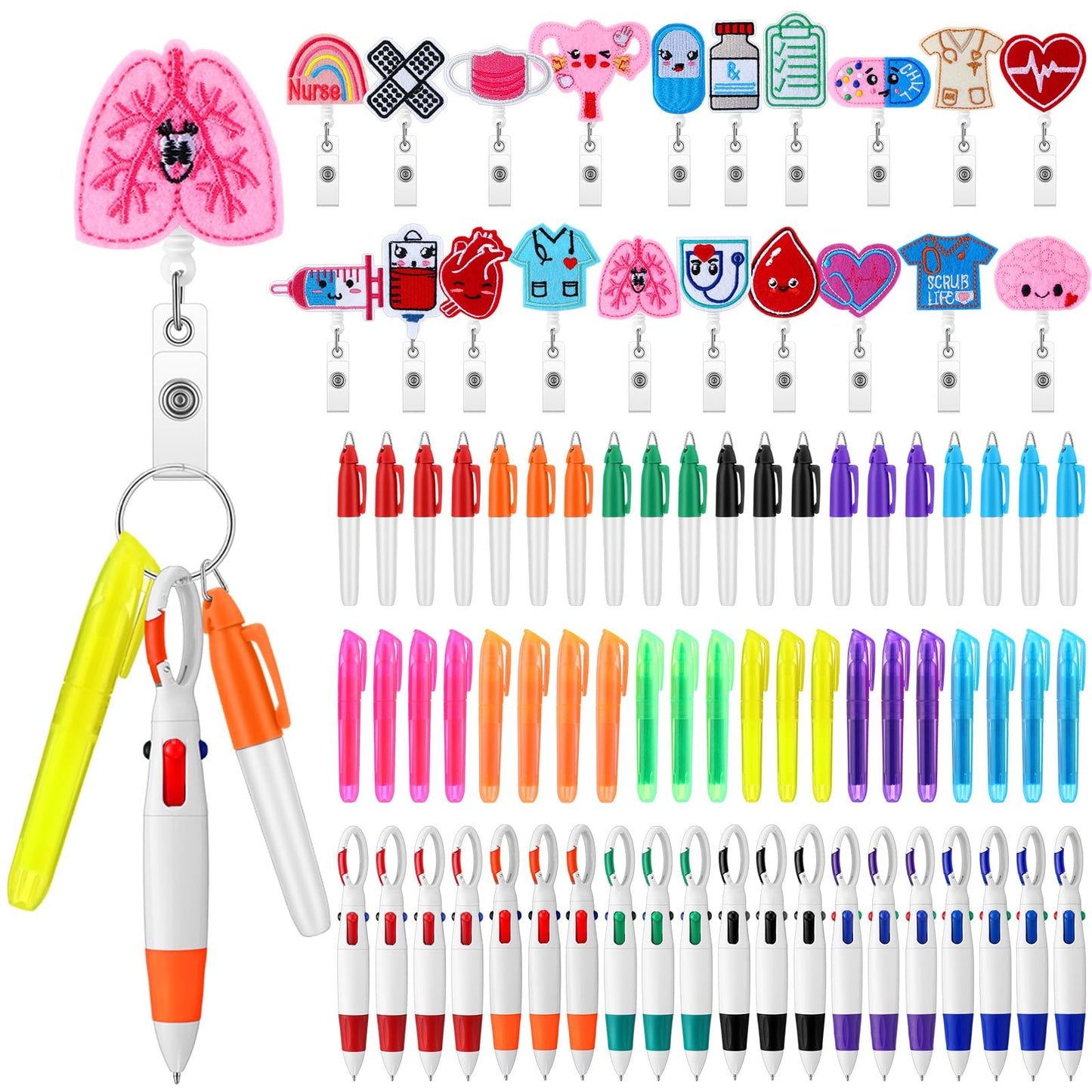 Nezyo 100 Pcs Nursing Pens Set Includes Retractable Ballpoint Pen Permanent Marker Pen Mini Highlighters Badge Holder Clip ID Name Reels 2026 Nursing Week Gifts for CNA Students Graduation Coworker
