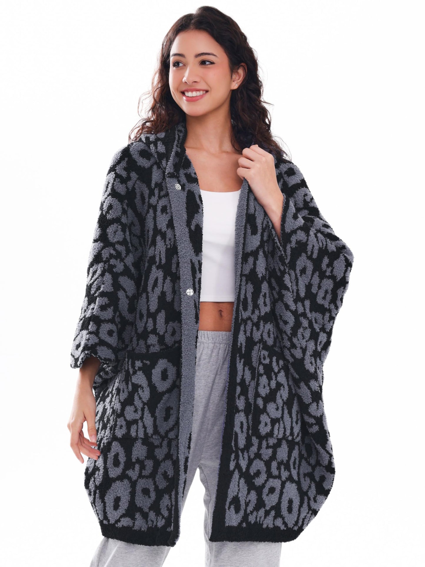 WDCOZY Wearable Blanket Hoodie Poncho Throw Comfy Soft Warm Cape Shawl Cozy Cloak Wrap Hooded with Sleeves For Adults Leopard