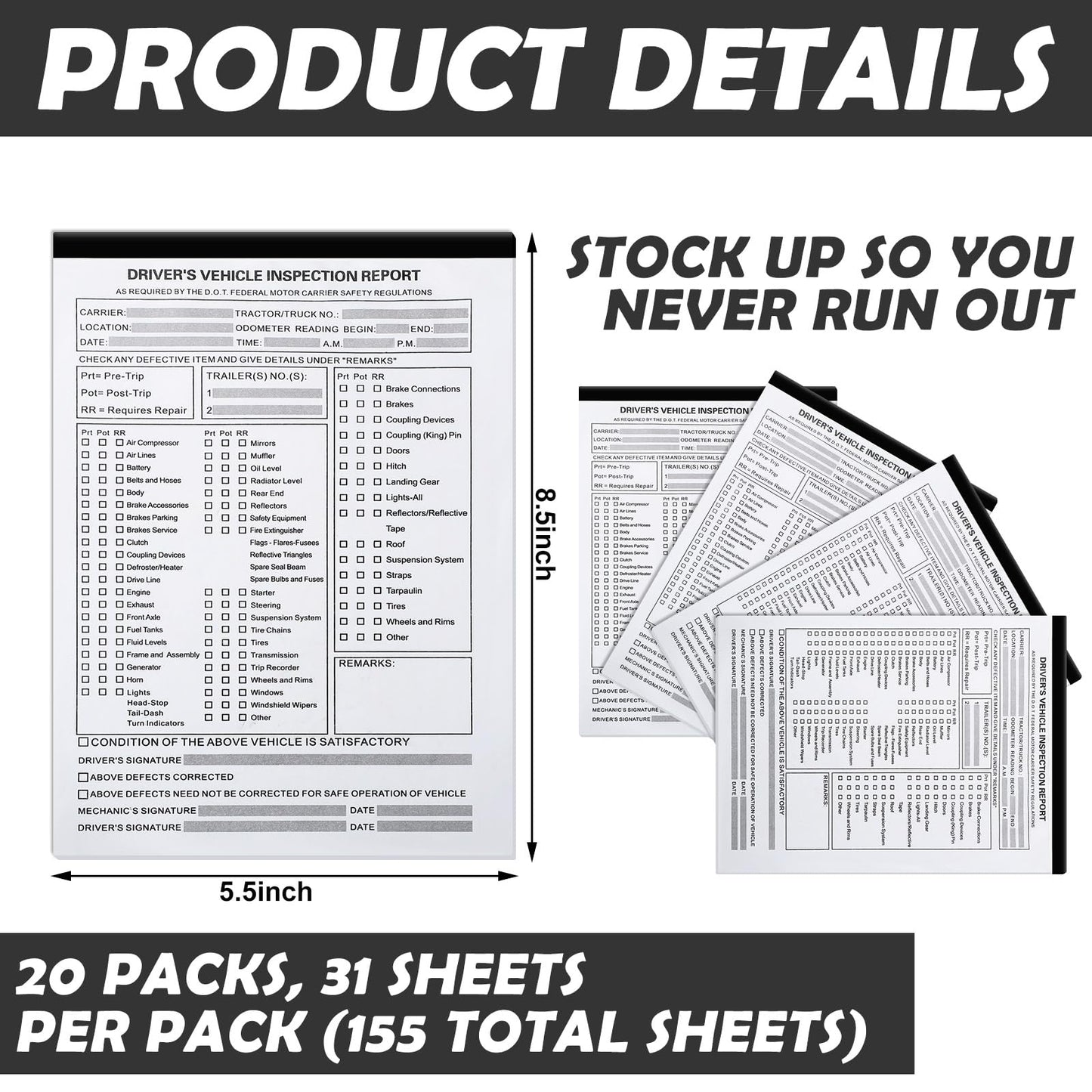 Motiskyy 20 Pack Detailed Driver's Vehicle Inspection Report Book 5.5 x 8.5 Daily Pre Trip Inspection Report 2-ply Carbonless for Drivers and Truckers, 31 Sets of Forms per DVIR Book