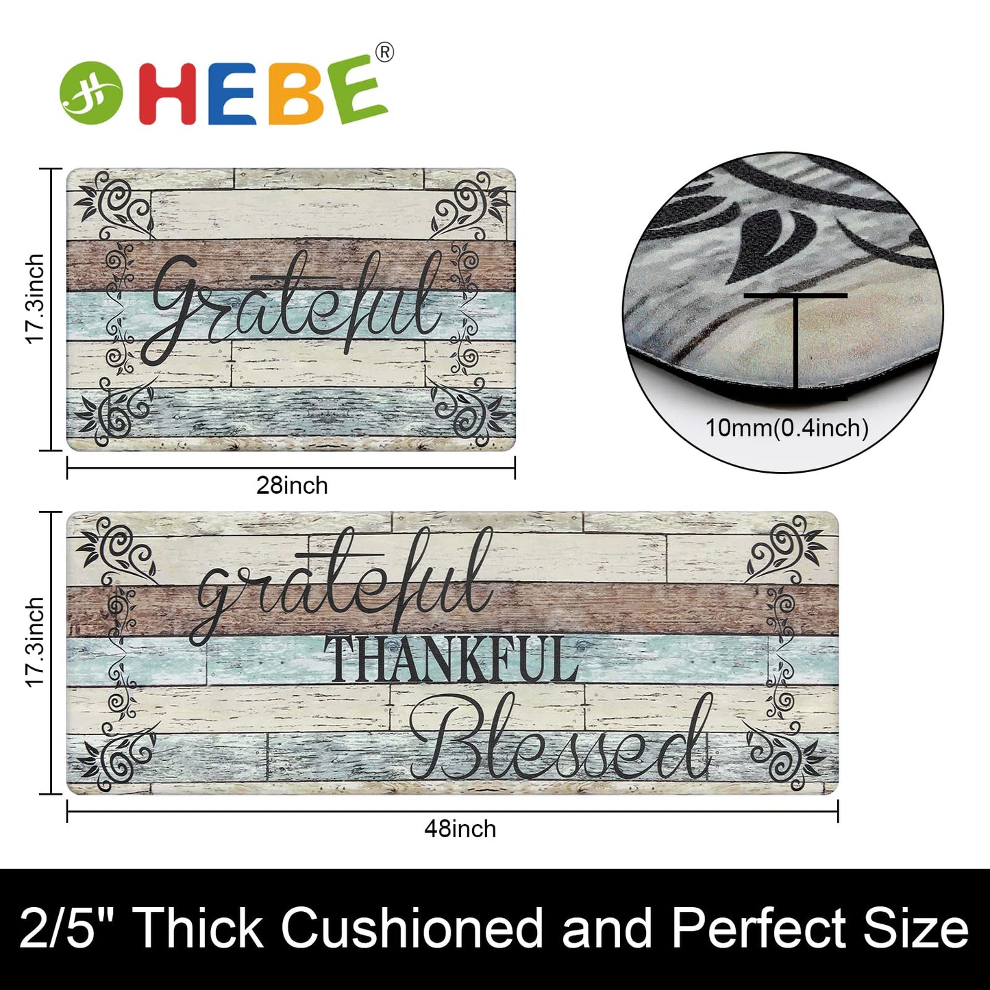 HEBE Anti Fatigue Kitchen Mat Set of 2 Non Slip Cushioned Kitchen Mats for Floor Waterproof Farmhouse Kitchen Rugs and Mats Set Comfort Standing Desk Mat Carpet for Sink,Office,Laundry