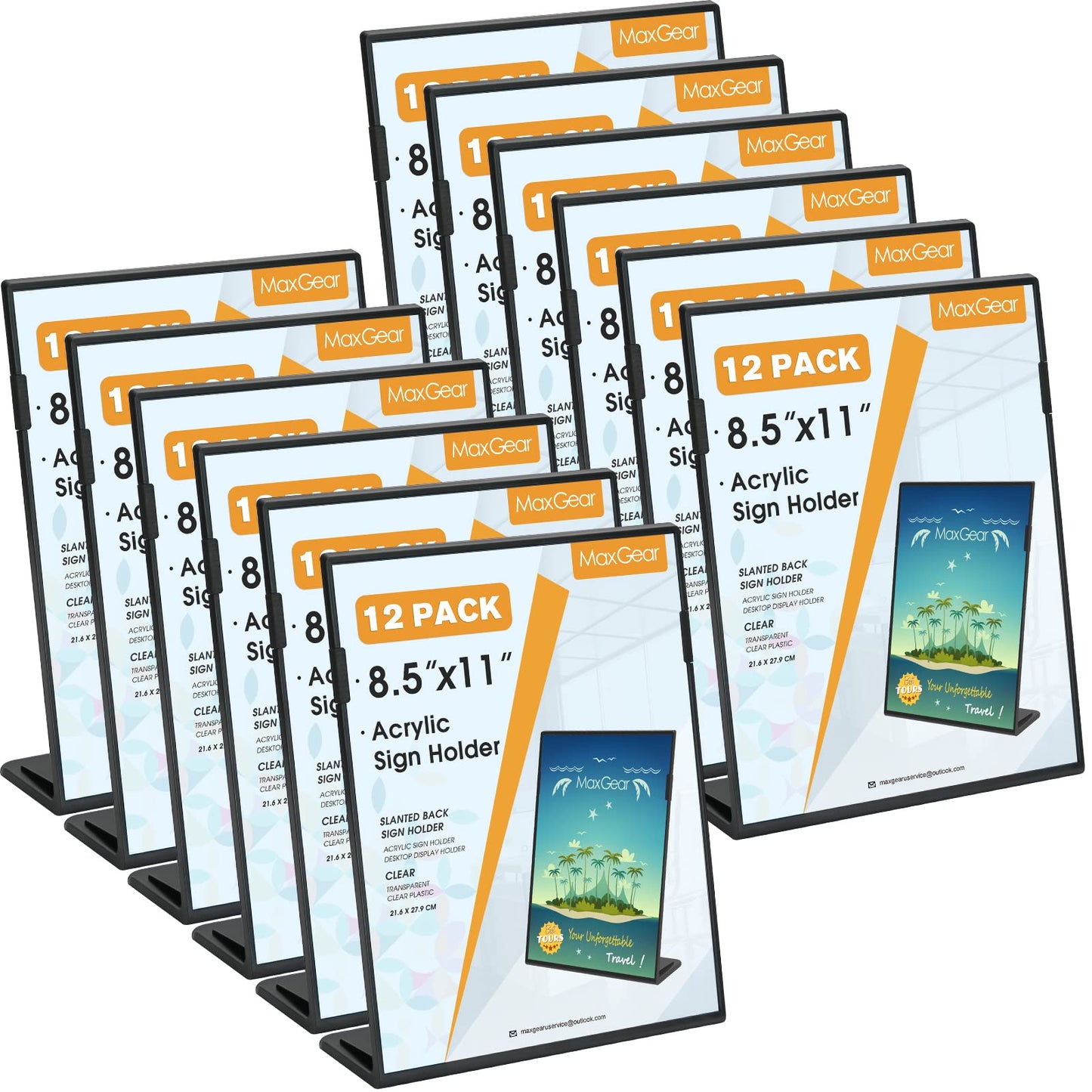 MaxGear Fall Resistant Acrylic Sign Holder 8.5 x 11 Inches 12 Pack, Slant Back Table Flyer Menu Display Stand, Heavy Duty Plastic Acrylic Sign Frame Paper Holder for Business, Store, Restaurant, Black