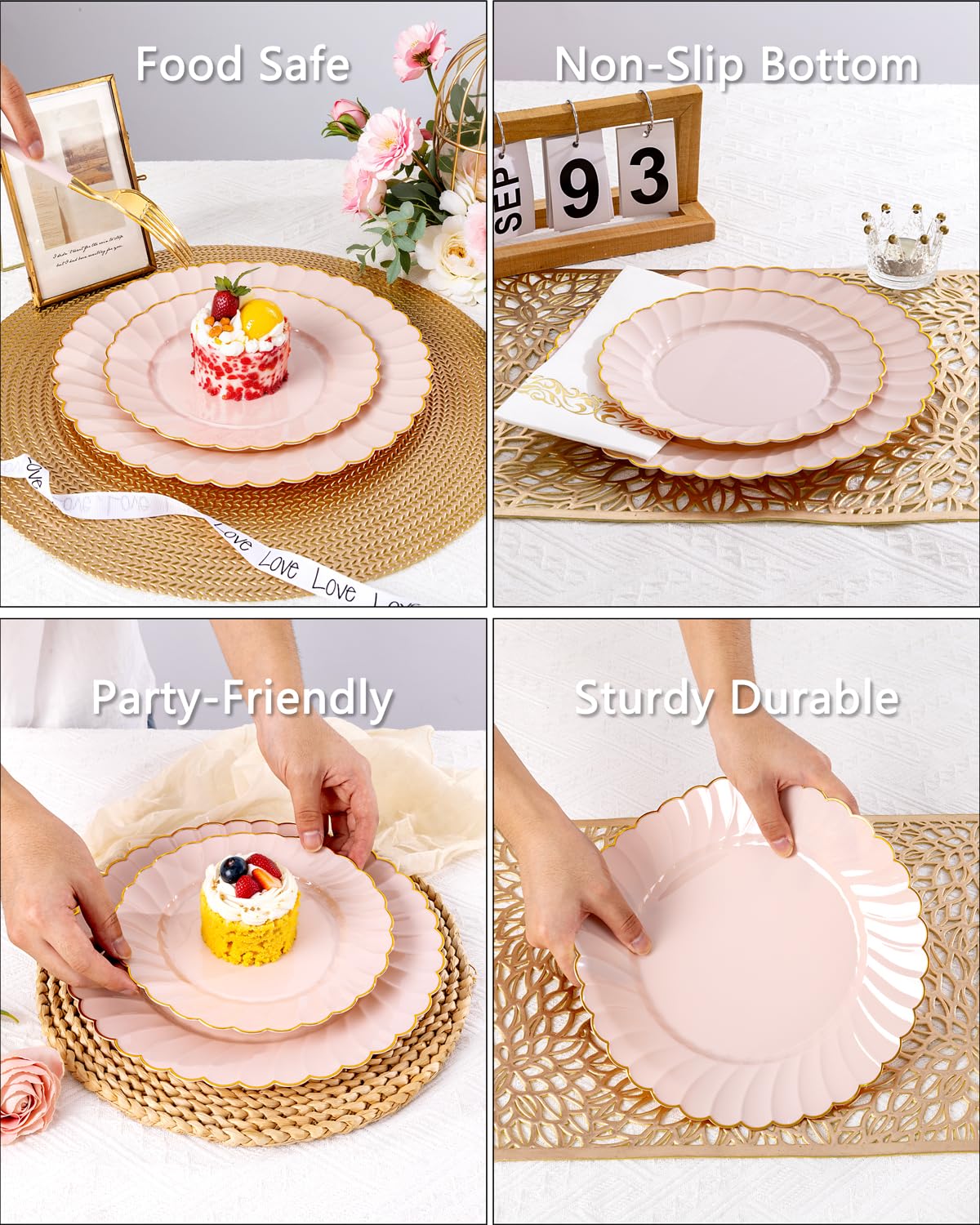 Ciaell 175 PCS Pink Scalloped Plastic Plates with Gold Trim - Pink Plastic Silverware with Handle - Fancy High-End Dinnerware Sets for Wedding & Baby Showers & Party