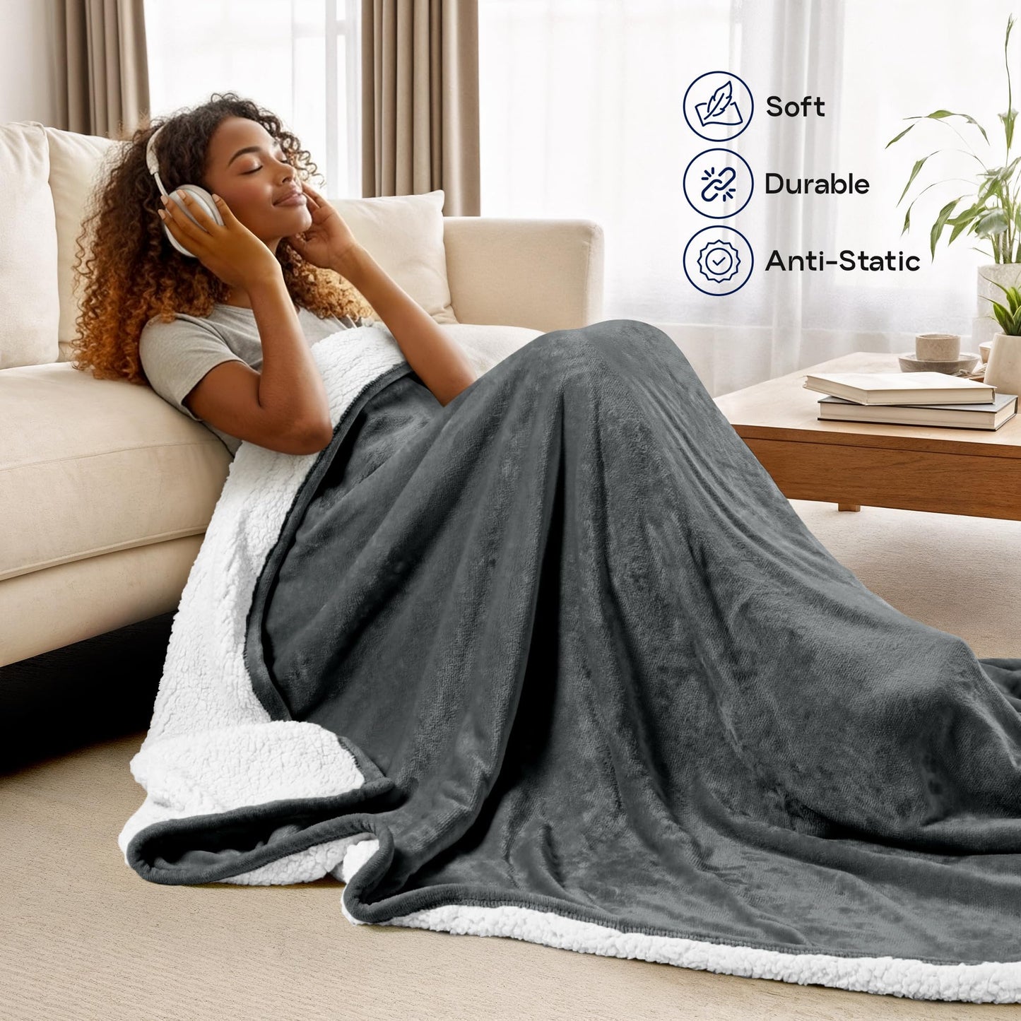 Utopia Bedding Sherpa Blanket Queen Size (Grey, 90x90 Inches) - Soft Warm Plush Fleece Reversible Blanket for Bed, Sofa, Couch, Camping and Travel
