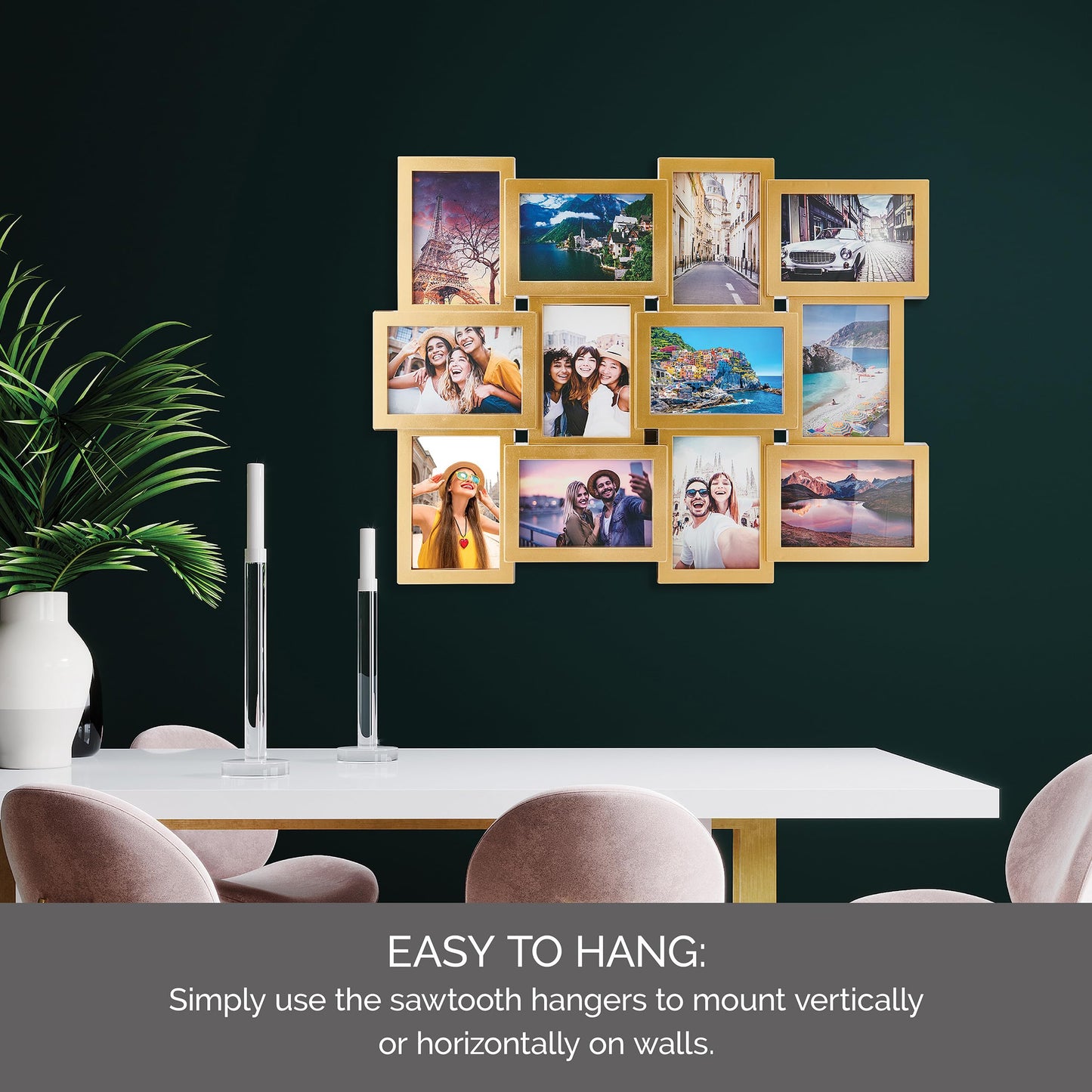 MELANNCO Collage Picture Frame for Wall, 12-Opening Gold Photo Display Holds Six 4x6 and Six 6x4 Photos, 23.25 x 18 Inch Wall Decor Collage Frame