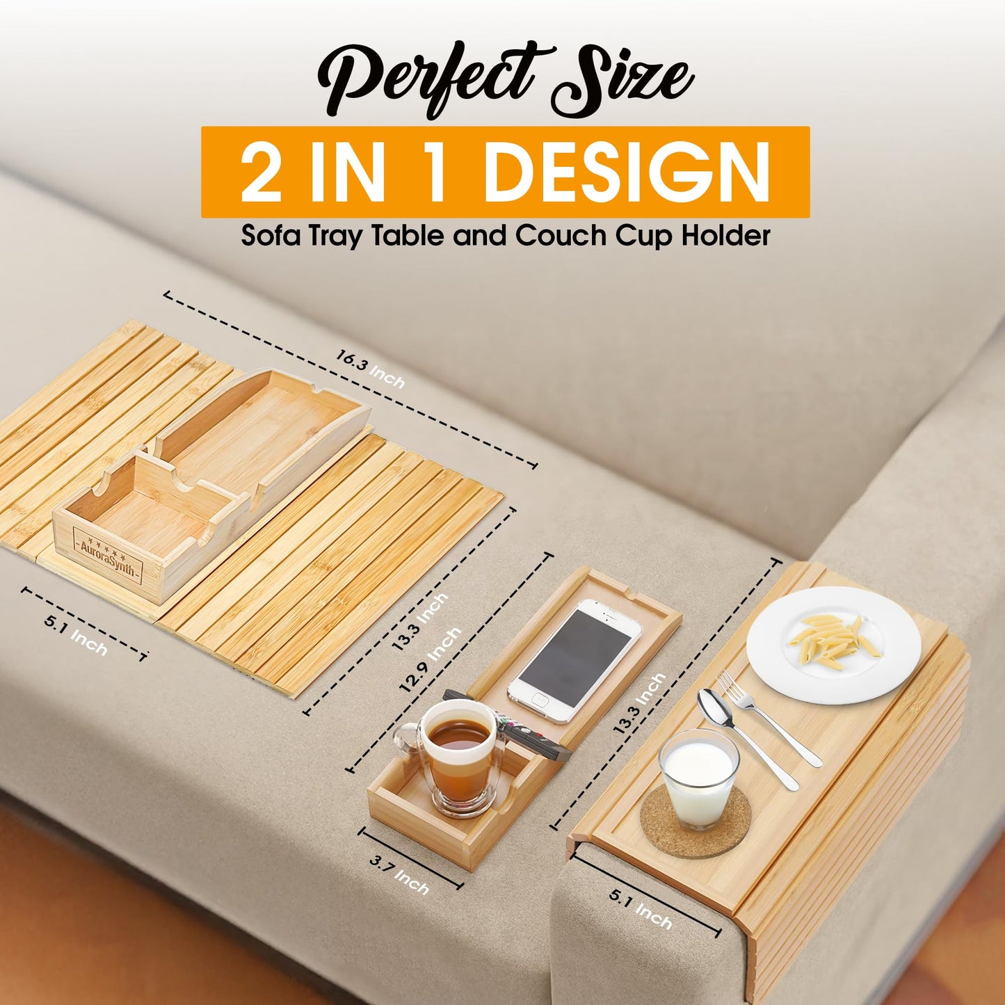 Bamboo Couch Cup Holder Tray with 2 Cork Coasters, Couch Arm Tray, 2 in 1 Anti-Slip Foldable Sofa Arm Tray, Couch Armrest Table, Anti-Spill Couch Arm Table for Drinks TV Remote Cellphone Snacks
