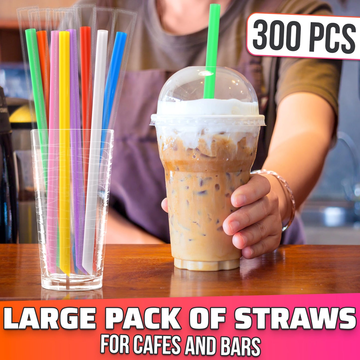300 Pcs Boba Straws Individually Wrapped - 9.25"x0.4" Wide & Sturdy Jumbo Straws for Smoothies, Iced Coffee, Milkshakes & Bubble Tea - Disposable Boba Straw with Angled Tips, Cut-to-Fit Tall Tumblers