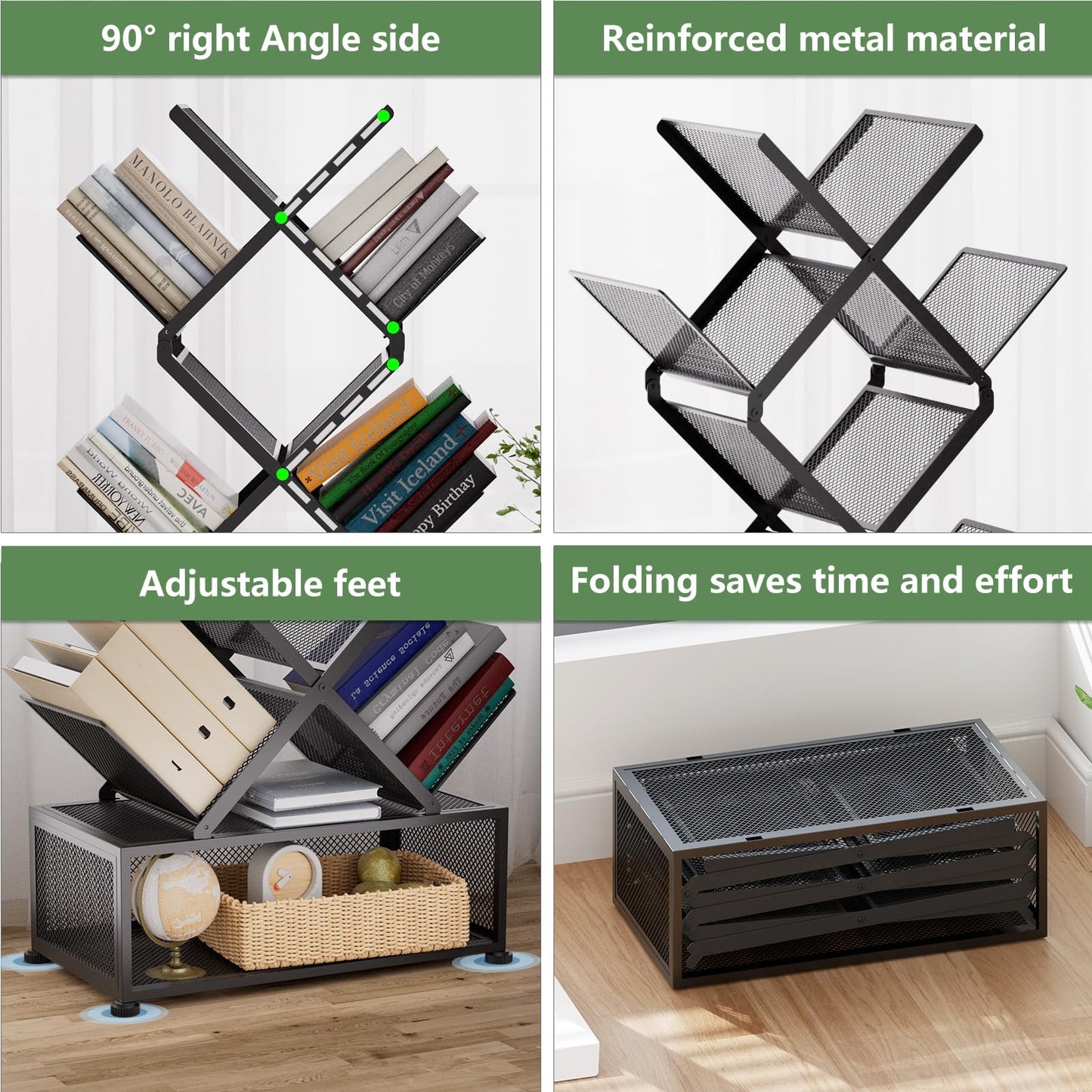 Gintan 9-Tier Space Saving Book Shelf with Storage,Bedroom Shelves Folding Bookshelves,No Installation Required Shelf Tree Metal Bookshelf for Living Room,Study,Home Office,Bed Room (Black)