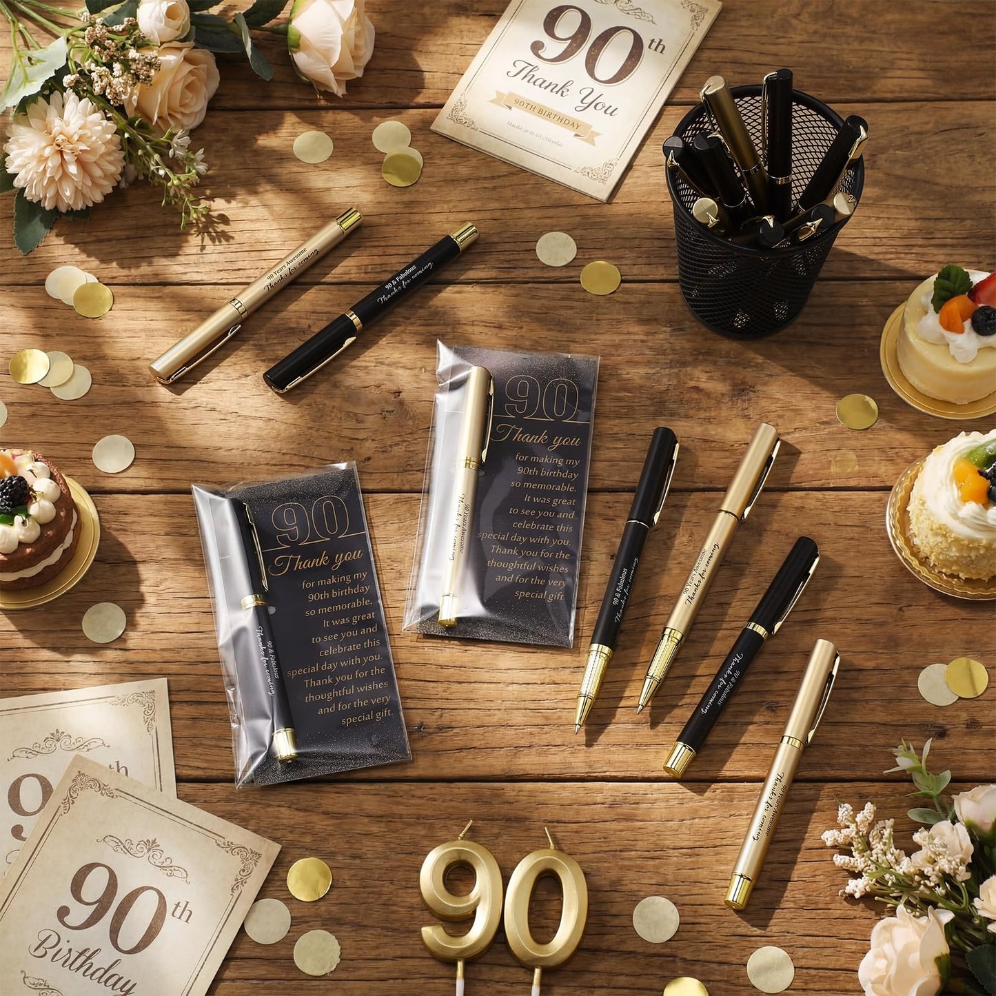 Feifeiya 30 Set 90th Birthday Party Favor for Guest Anniversary Party Favor with Black and Gold Ballpoint Pens and Thank You Cards for Women Men Birthday Anniversary Appreciation Gifts