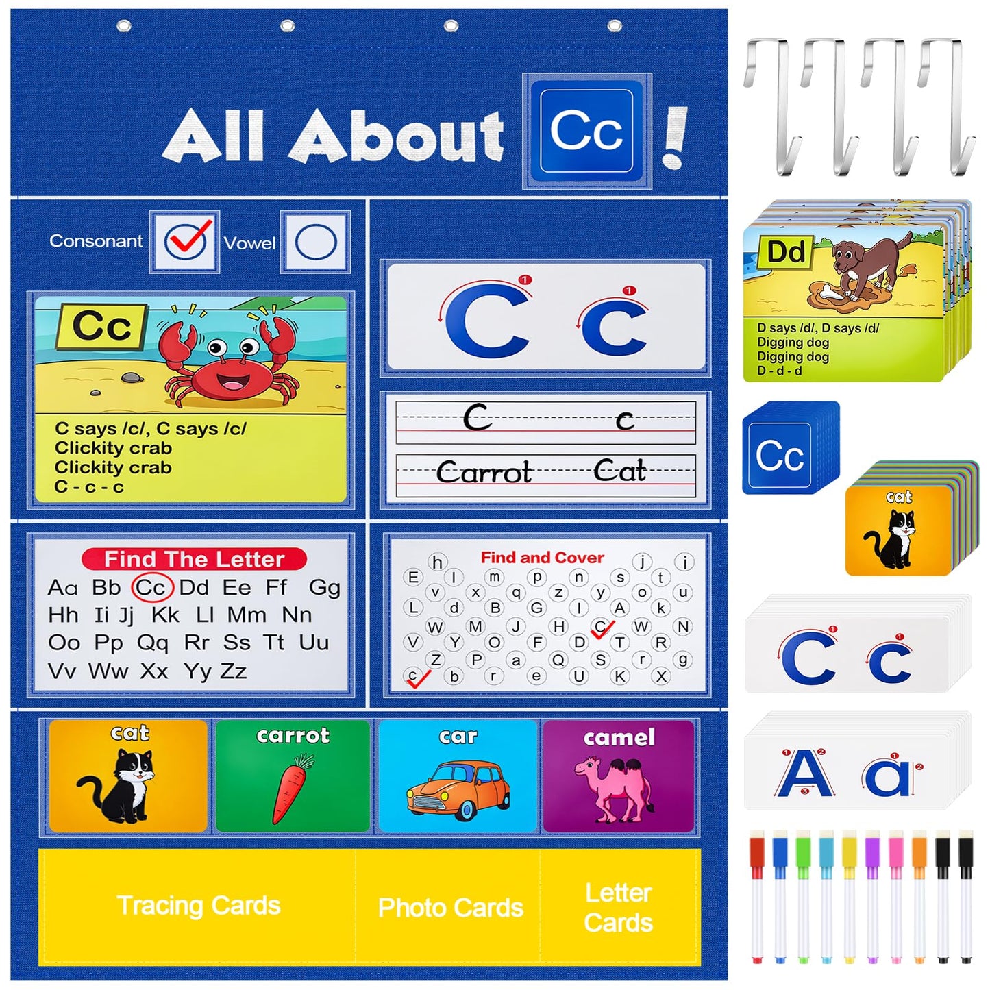 Meetory Alphabet Learning Pocket Chart - 41x28.3in Alphabet Wall Chart ABC Flash Cards Learning, Handwriting Practice Letter Tracing for Homeschool Supplies Preschool Kindergarten Classroom Must Haves