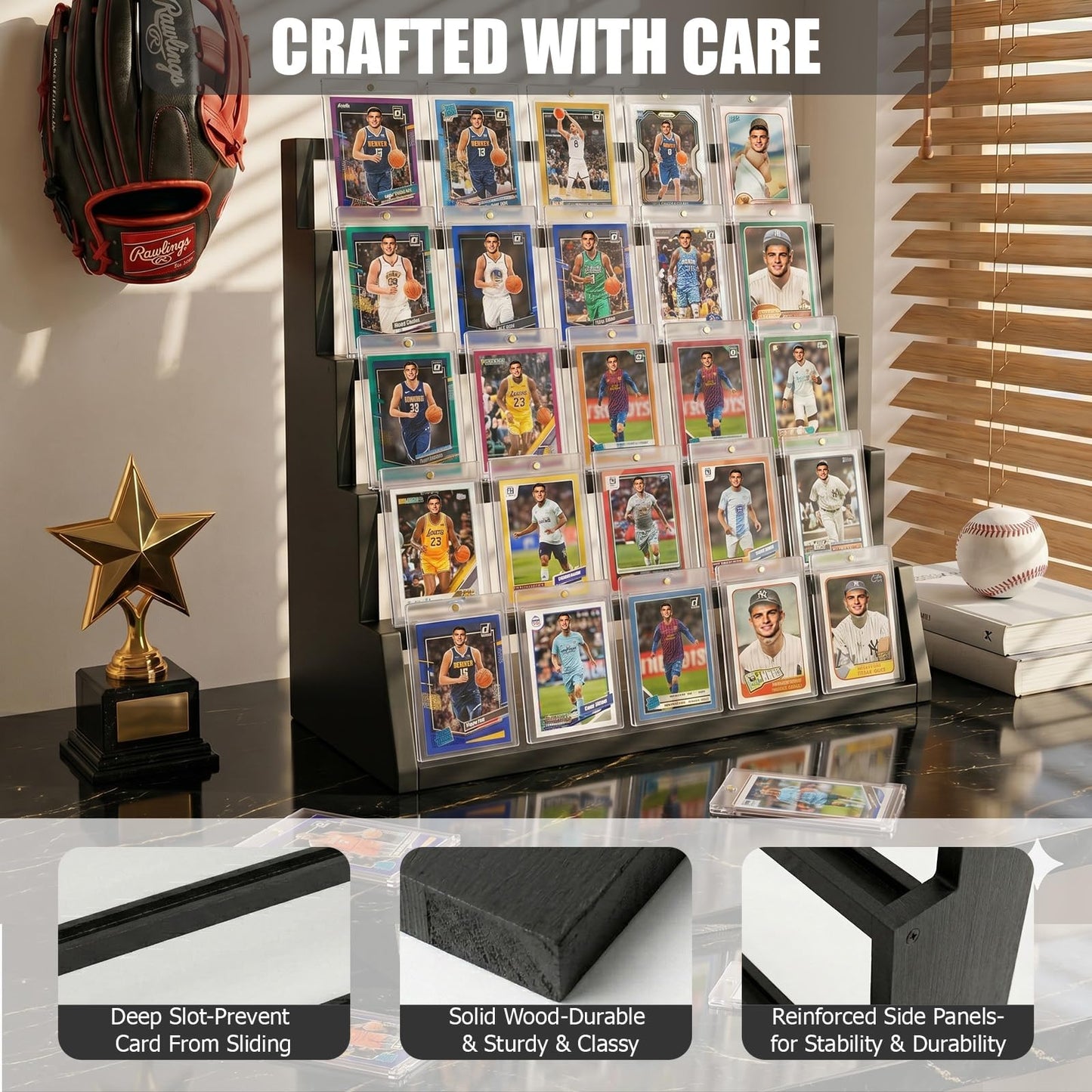 2 Pack 5 Tier Wooden Card Display Stand – Vertical Card Holder Display for Trading Cards, Game Cards, Sports Cards, Graded PSA/BGS/SGC, Baseball, Basketball&Football(Soccer) Card Stand, Desk & Shelf Organize,Black