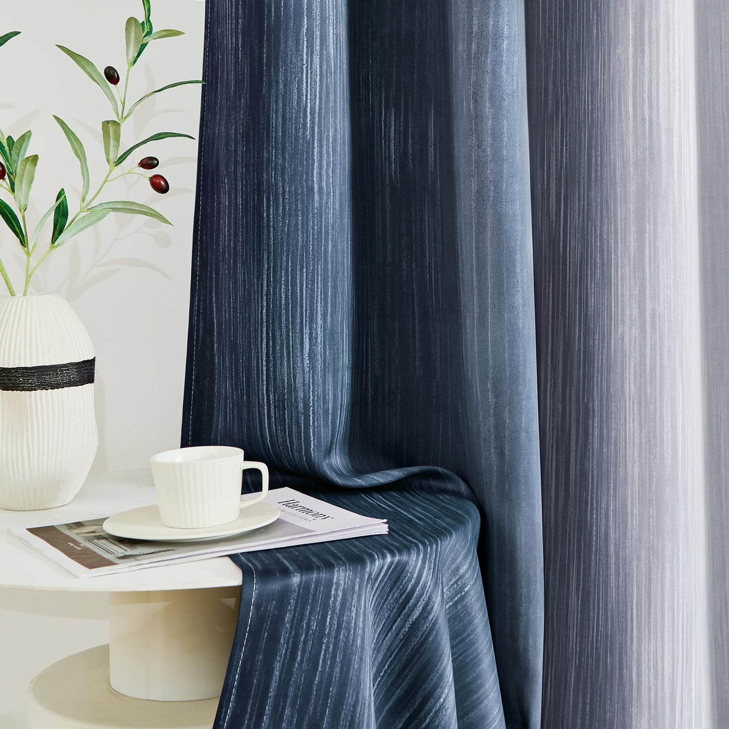 MIULEE Navy Blue and Greyish White Ombre Blackout Curtains, Full Room Darkening Thermal Insulated 84 Inches Long Drapes for Bedroom/Living Room Grommet Window Treatments Modern 52Wx84L, Set of 2