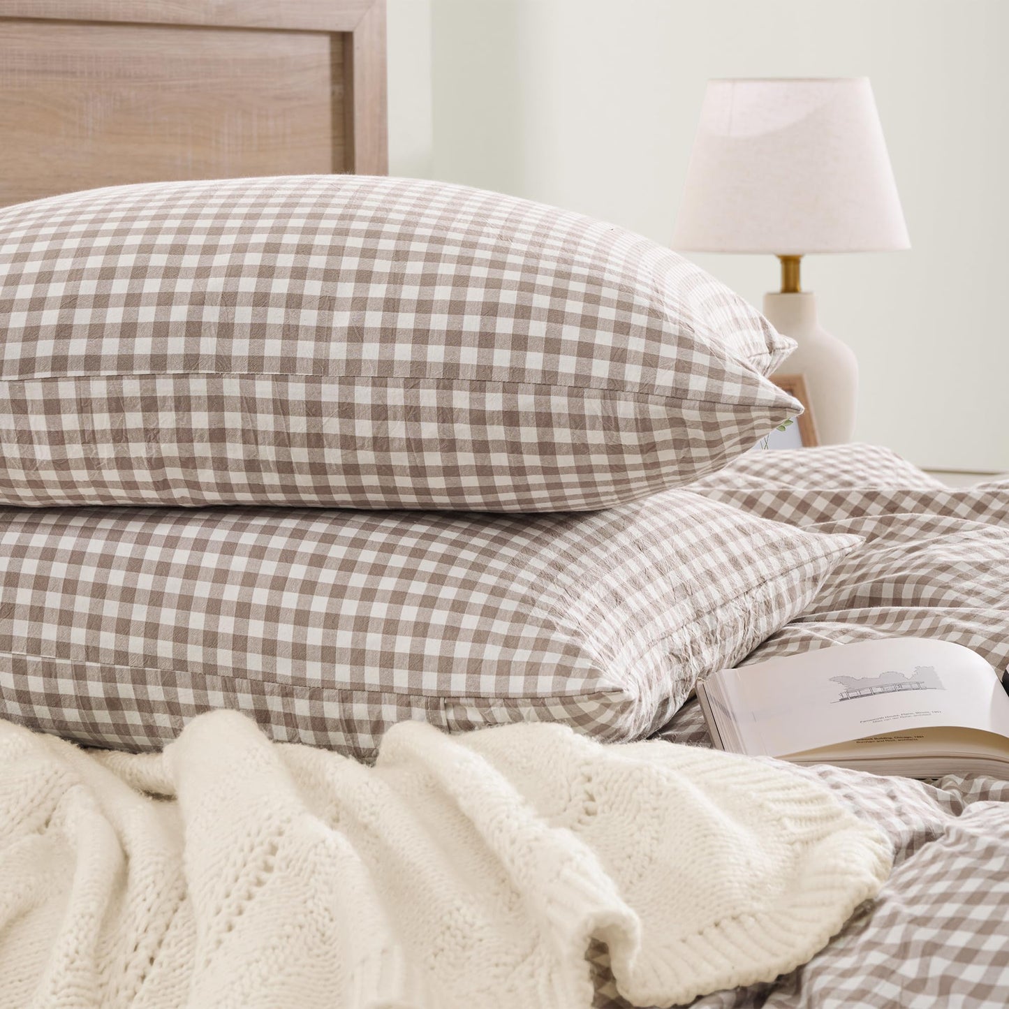 Andency Tan Gingham Duvet Cover King, 100% Wash Cotton Linen Like Textured Breathable Comforter Cover Set, 3 Piece Brown Classic Yarn-Dyed Checkered Plaid Bedding Set, 104"*90"