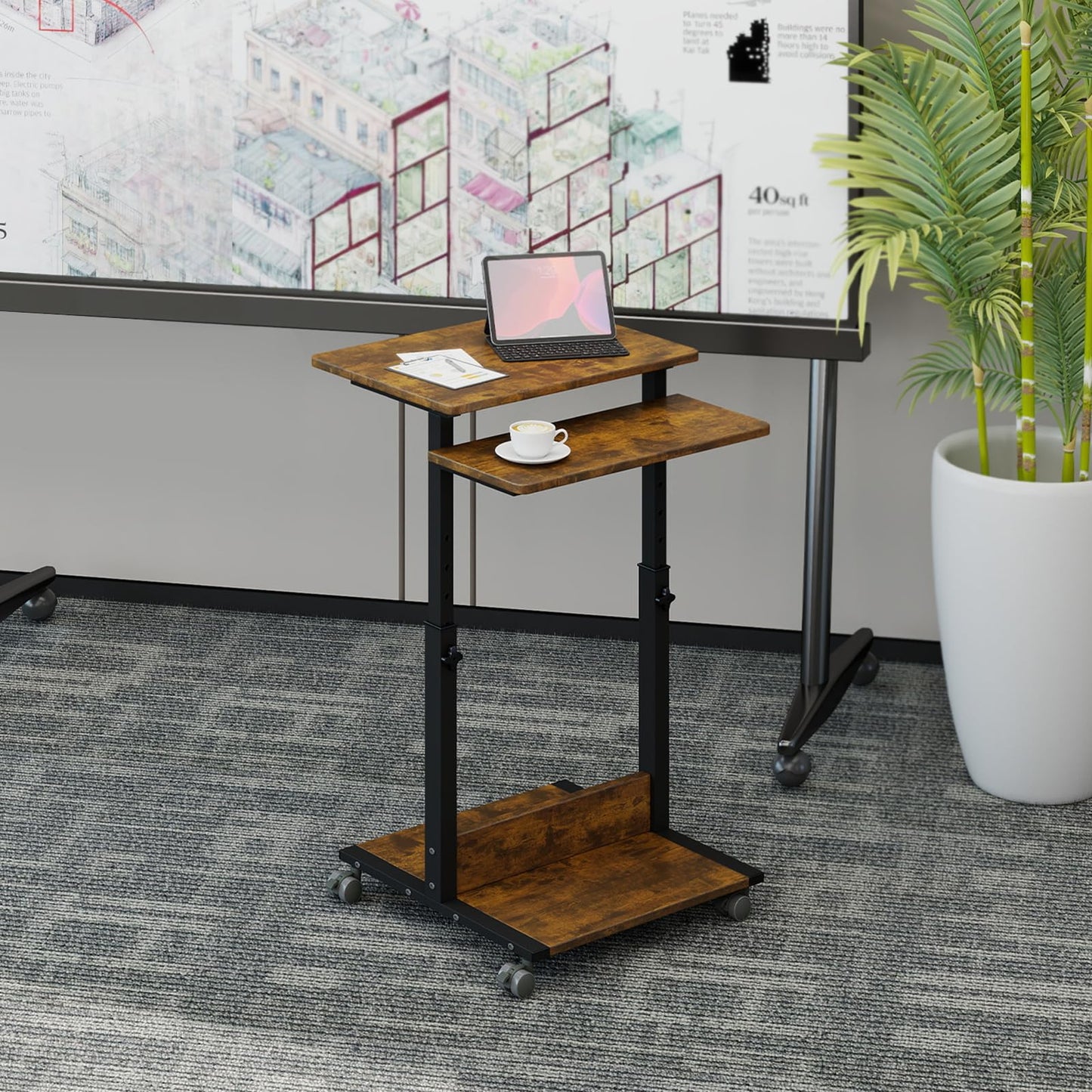 Funecy Small Standing Desk with Wheels,Small Mobile Computer Desks Adjustable Height, Portable Standing Office Desks,Computer Workstation for Home Office(Rustic Brown)