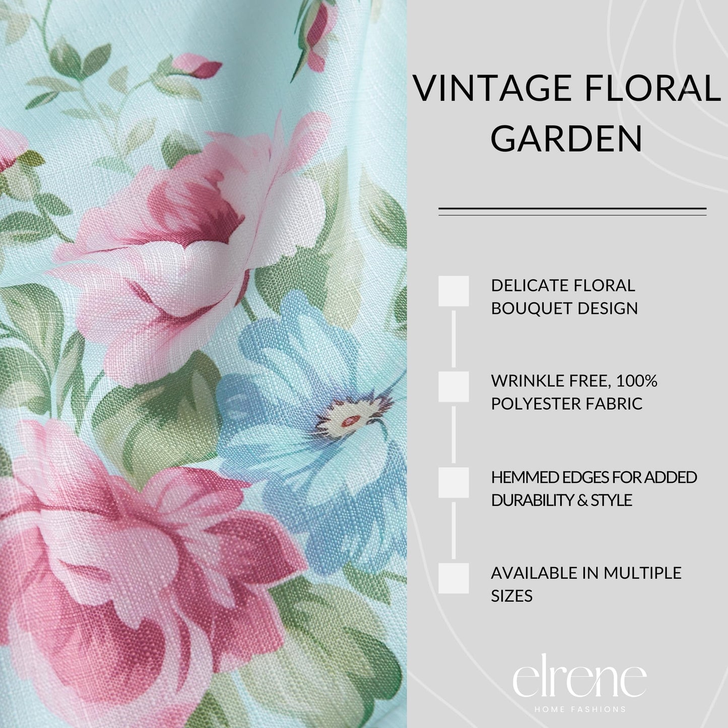 Elrene Home Fashions Spring Summer Vintage Floral Garden Cottage Border Fabric Rectangle Tablecloth, 60"x102"