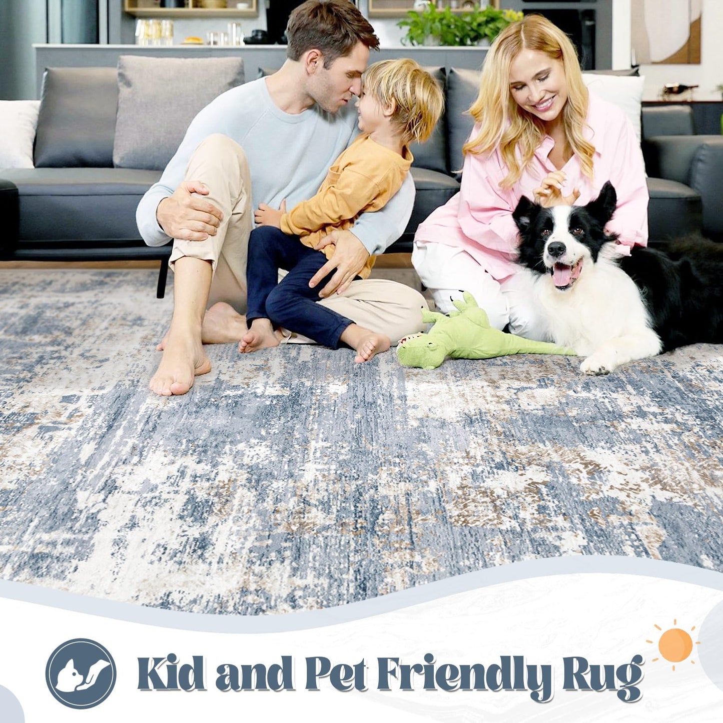 XLUEZ 5x7 Area Rugs for Living Room, Washable Modern Abstract Large Area Rug Neutral Soft Non Slip Kids Rug Stain Resistant Indoor Carpet for Bedroom Nursery Dining Room Playroom(Blue, 5'x7')