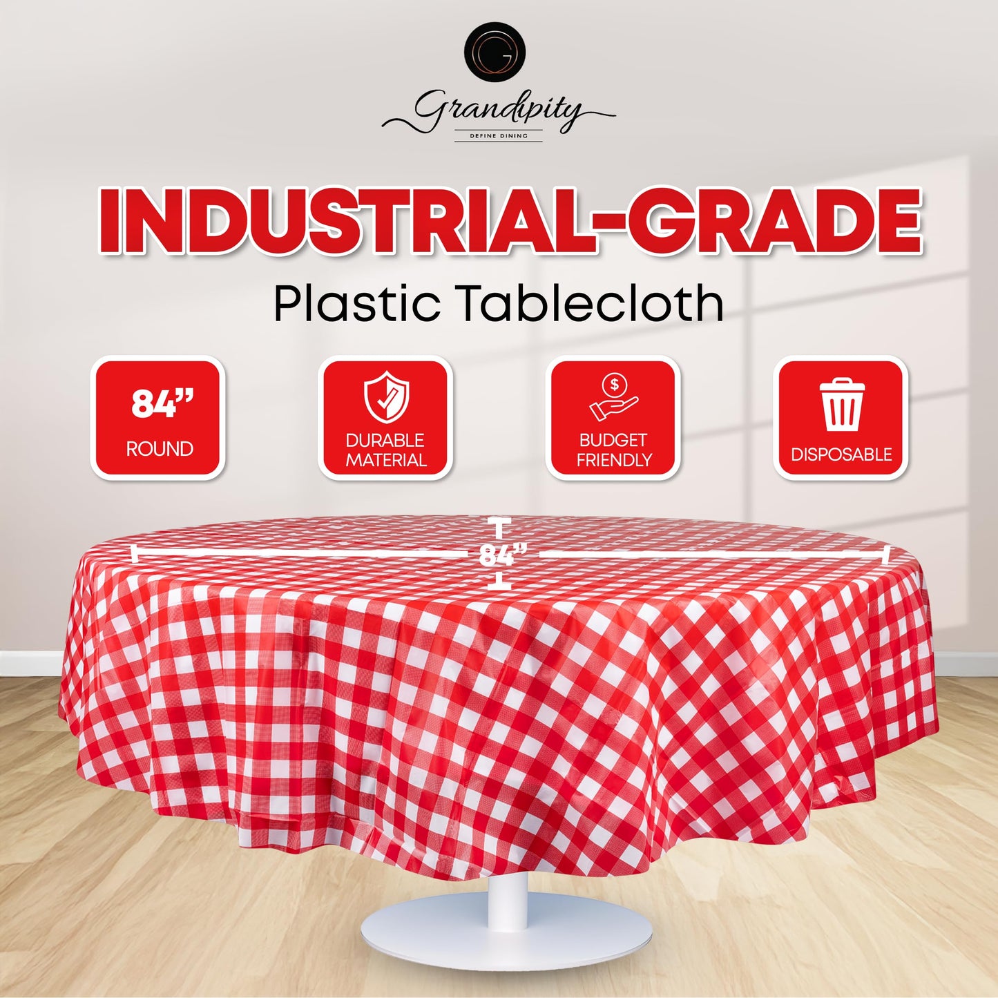 Grandipity 12 Pack Premium Disposable Plastic Picnic Tablecloth 84" Inch Decorative Round Table Cover - Red Checkered Gingham