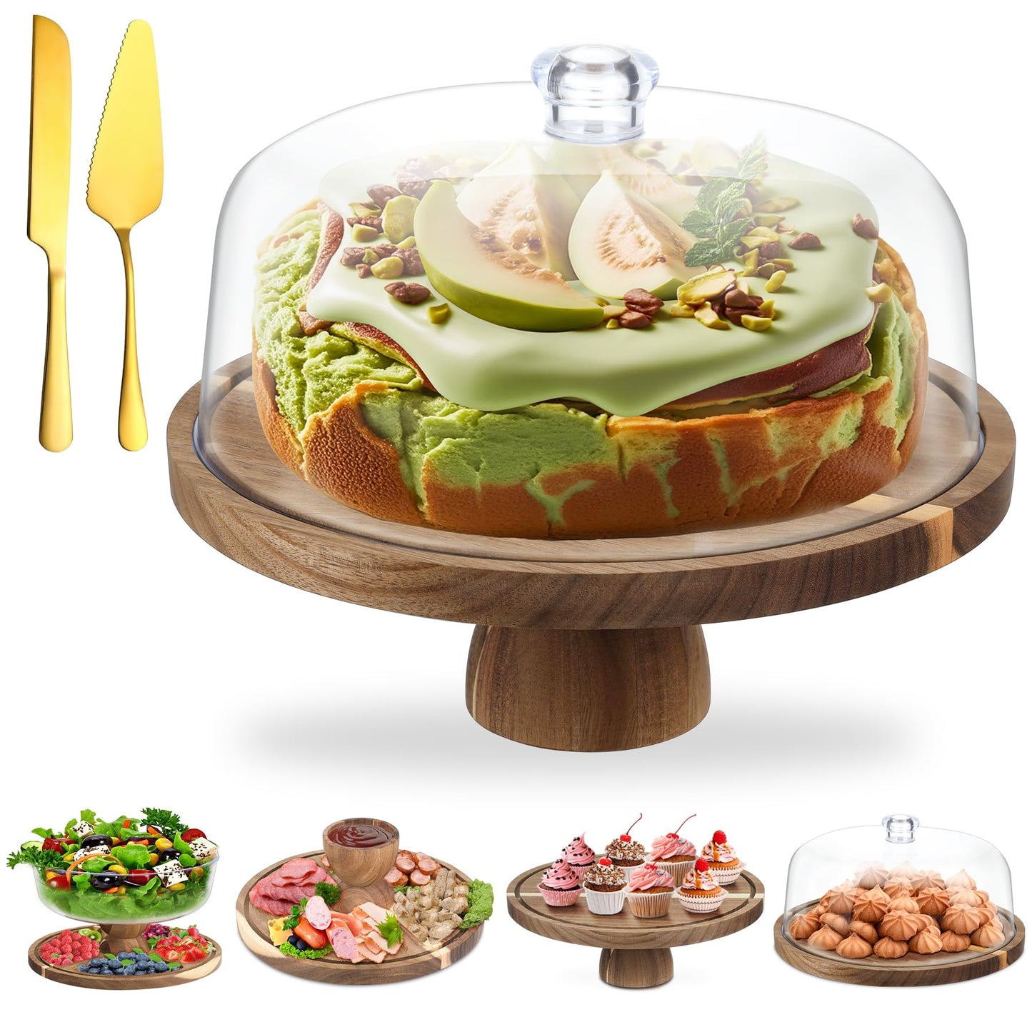 ASTROLIN Acacia Wood Cake Stand with Lid, 12'' Round Cake Holder with Clear Acrylic Cover, 2 in 1 Dessert Table Display Set & Charcuterie Board, Kitchen Decor for Birthday or Wedding