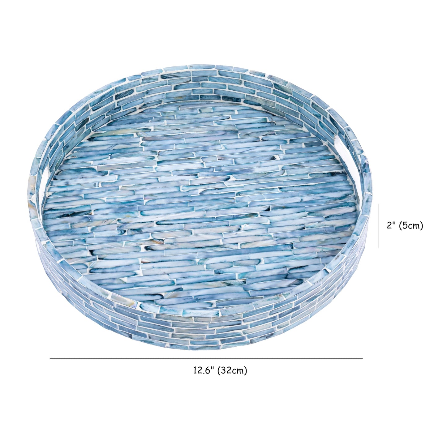 PEMAR 12.6” Mother of Pearls Lacquer Inlaid Round Serving Tray with Handles, Round Decorative Nacred Wooden Ottoman Coffee Table Tray (Blue Tiles)