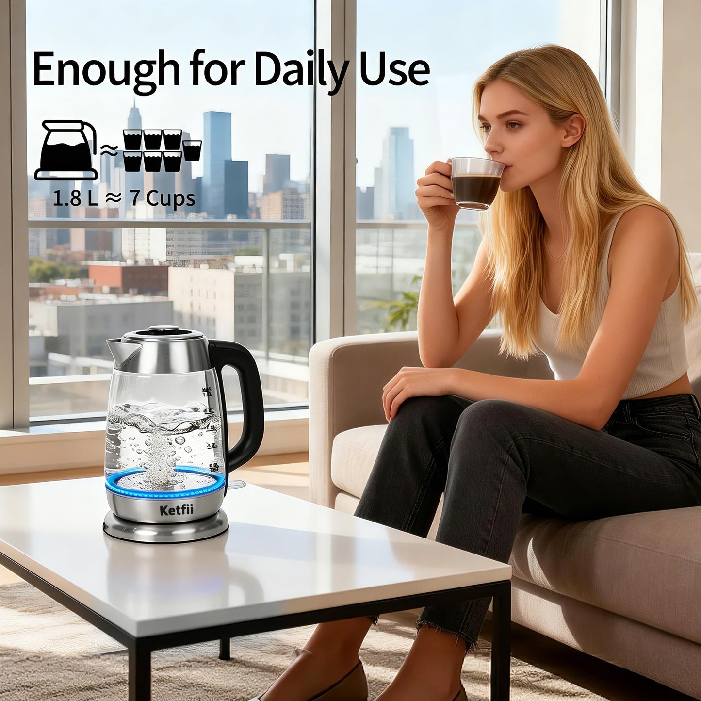 Electric Glass Kettle 1.8L, 1200W Fast Boil for Tea & Coffee, Auto Shut-Off & Boil-Dry Protection, BPA-Free, 304 Stainless Steel & Borosilicate Glass, Removable Lid for Easy Cleaning