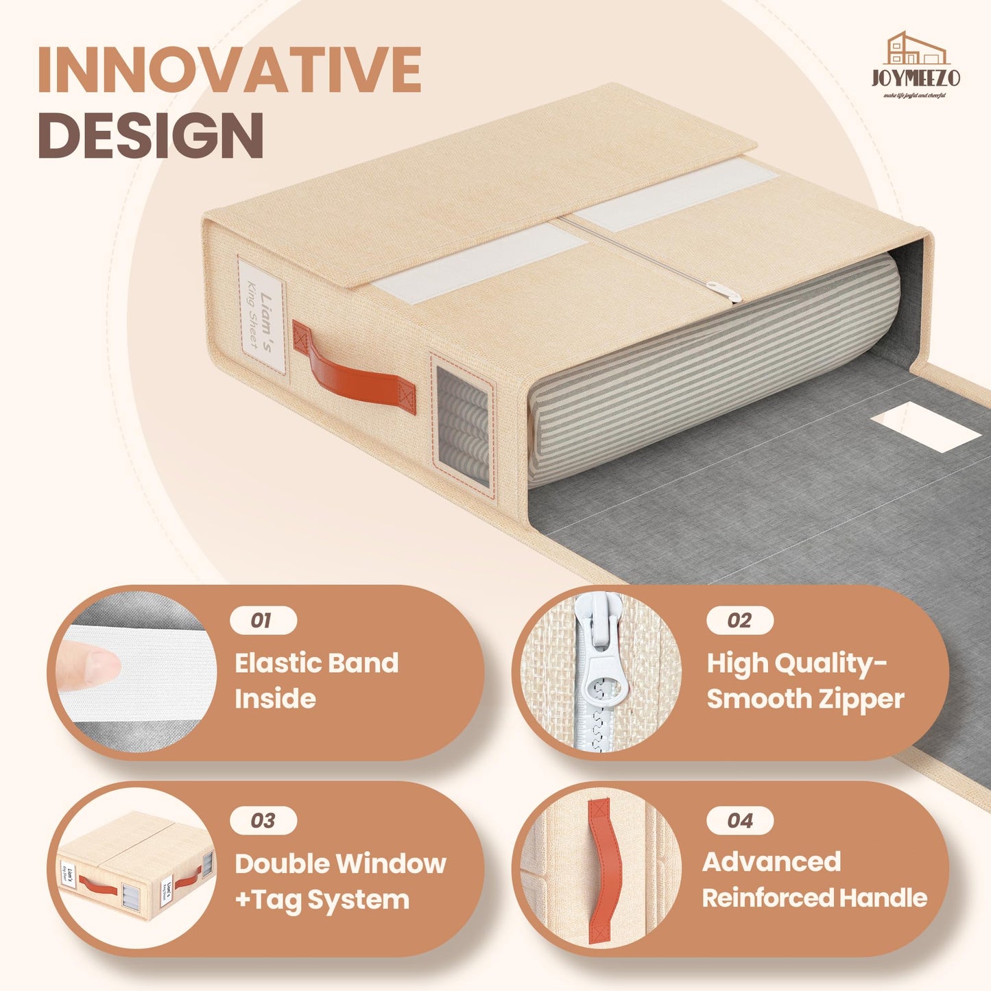 Joymeezo 6 Pack Bed Sheet Organizers and Storage(King &Queen Size) with an Elastic Strap, Foldable Closet Linen Sheet Storage Container, Sheet Set Box for Blanket, Duvet Cover and Pillowcase, Beige