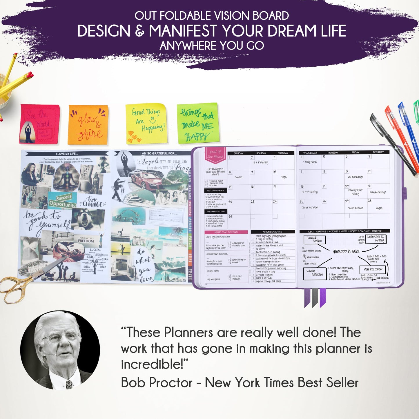 Deluxe Weekly and Monthly Planner | Law of Attraction Planner with Productivity App | 12-Month for Productivity, Gratitude & Goal Setting | Includes Foldable Vision Board, Gift Box & Stickers
