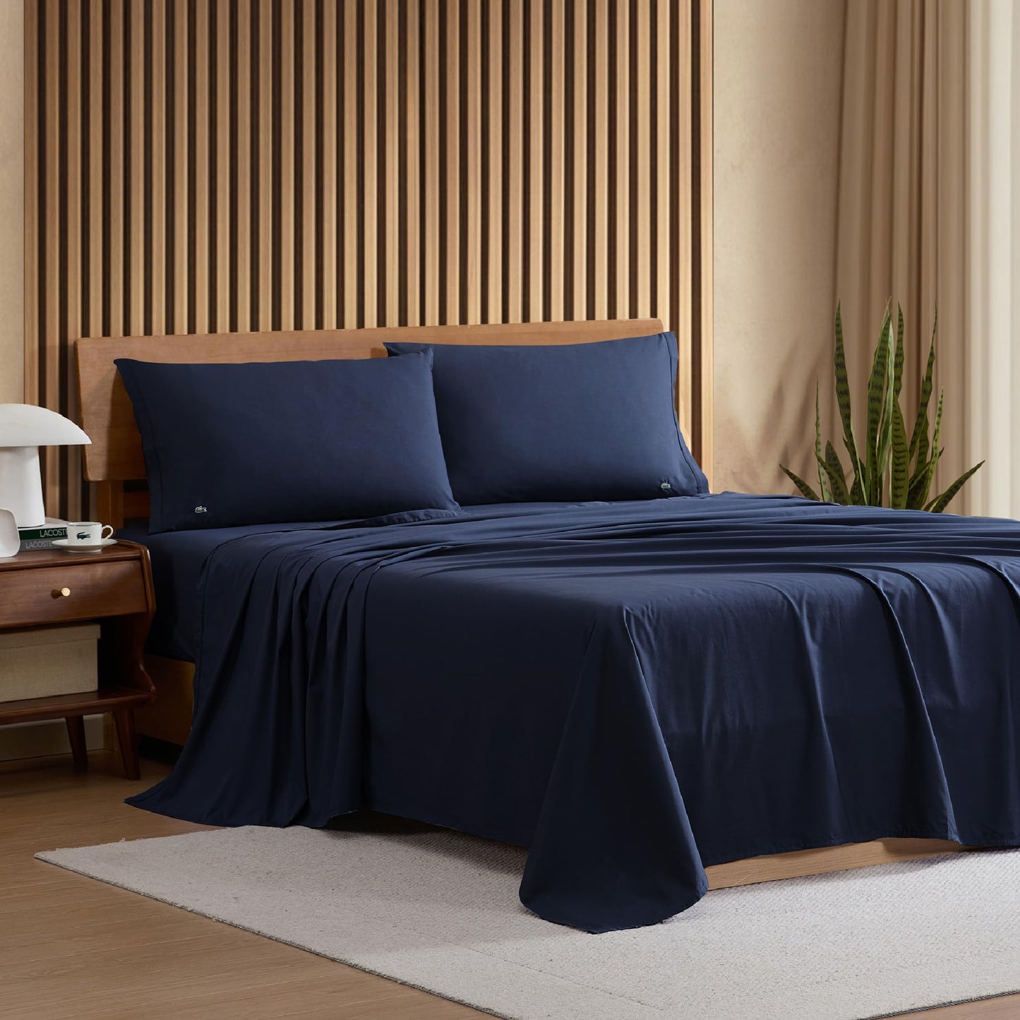 Lacoste 100% Cotton Percale 4-Piece Sheet Set – Crisp Cool Breathable All-Season Bedding, Oeko-Tex Certified, Soft Matte Finish, Durable Premium Cotton – Solid, Navy, Queen