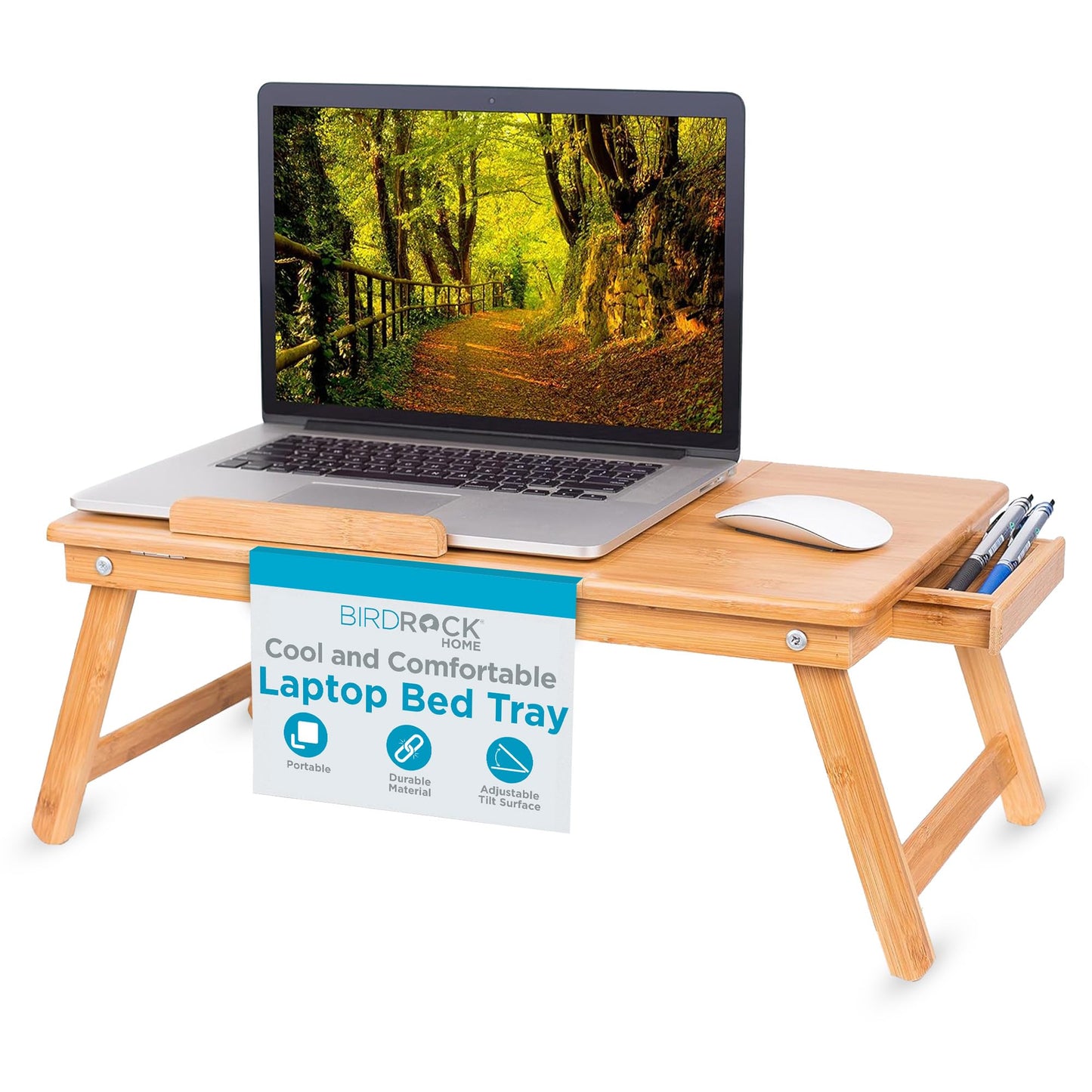 BirdRock Home Bamboo Laptop Bed Tray (Natural)| Multi-Position Adjustable Surface | Pull Down Legs | Storage Drawer