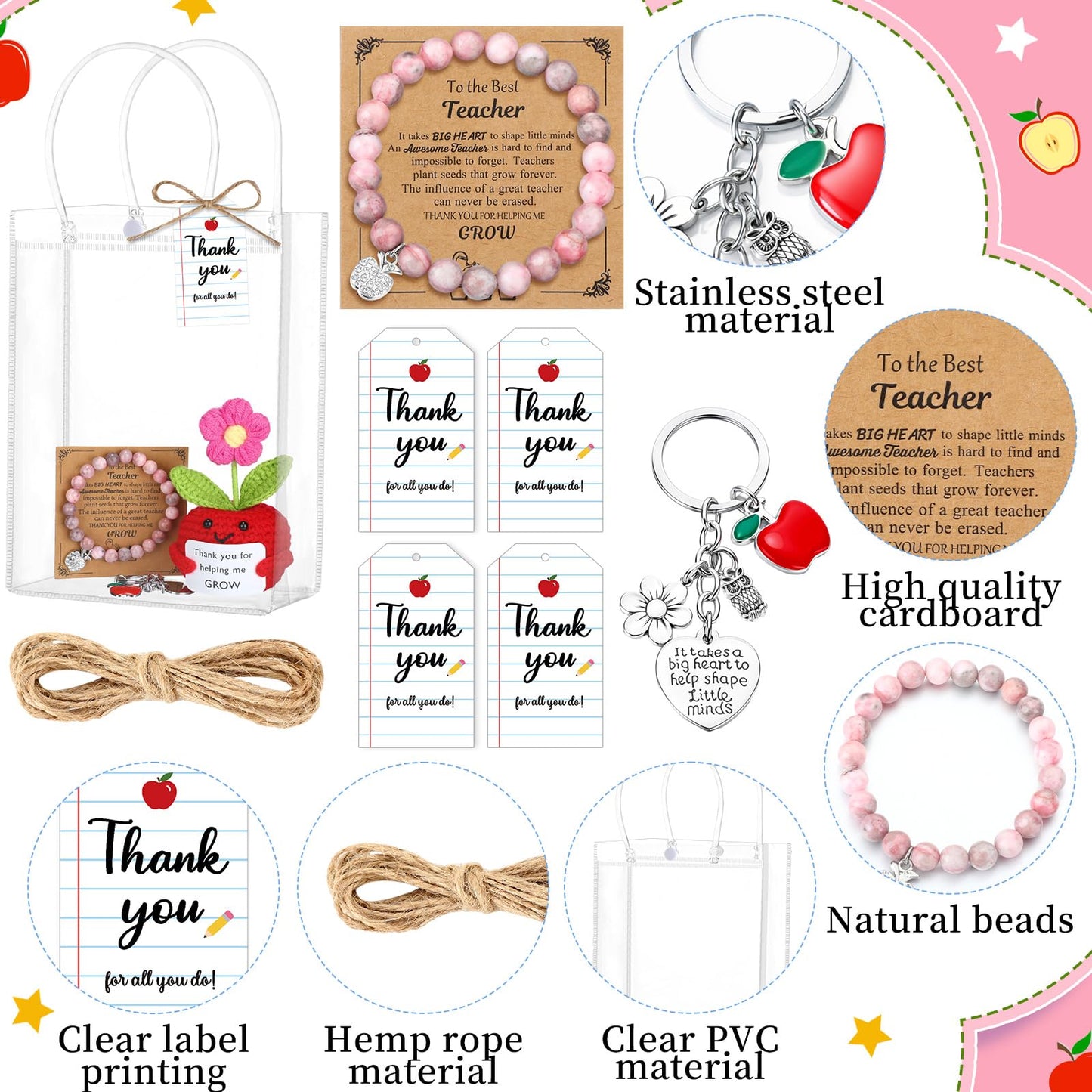 Wavwavw 4 Sets Teacher Appreciation Gifts Bulk Include Crochet Flower Dolls Thank You Crochet Gift Bracelets Keychains Appreciation Bags with Cards Tags End of Year Teacher Gifts(Apple Flower)