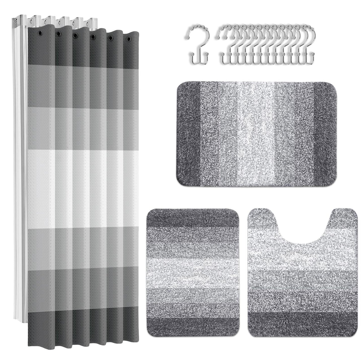 Britimes Grey Stripes Bathroom Sets with Shower Curtain and Rugs, Ombre Modern Minimalist Striped Waterproof Shower Curtain Liner and Soft Non Slip Bath Mat for Bathroom Decor and Accessories Hooks