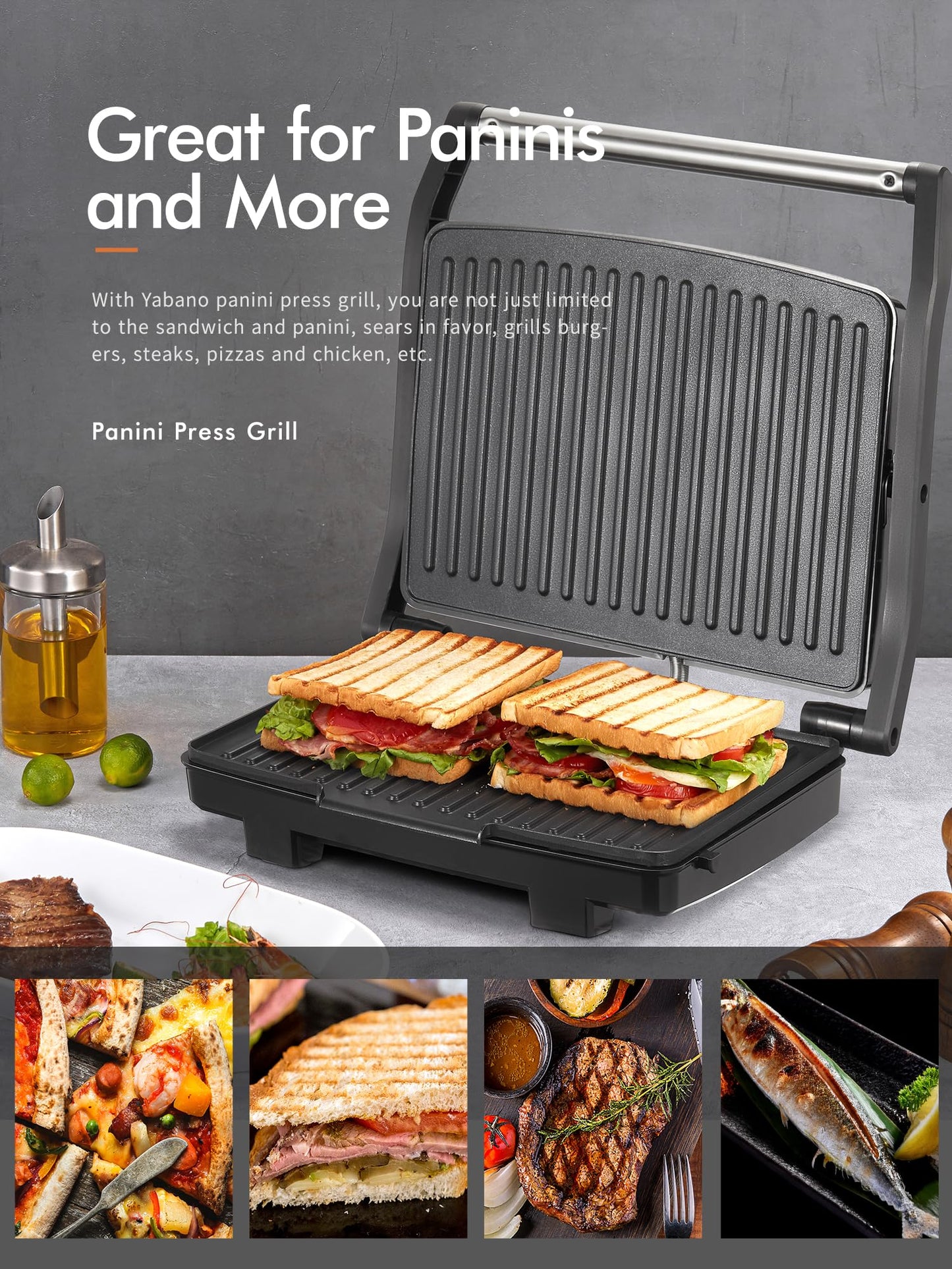 Yabano Panini Press Grill, Gourmet Sandwich Maker, Electric Indoor Grill with Non-Stick Cooking Plate and Removable Drip Tray, Easy to Clean, Stainless Steel