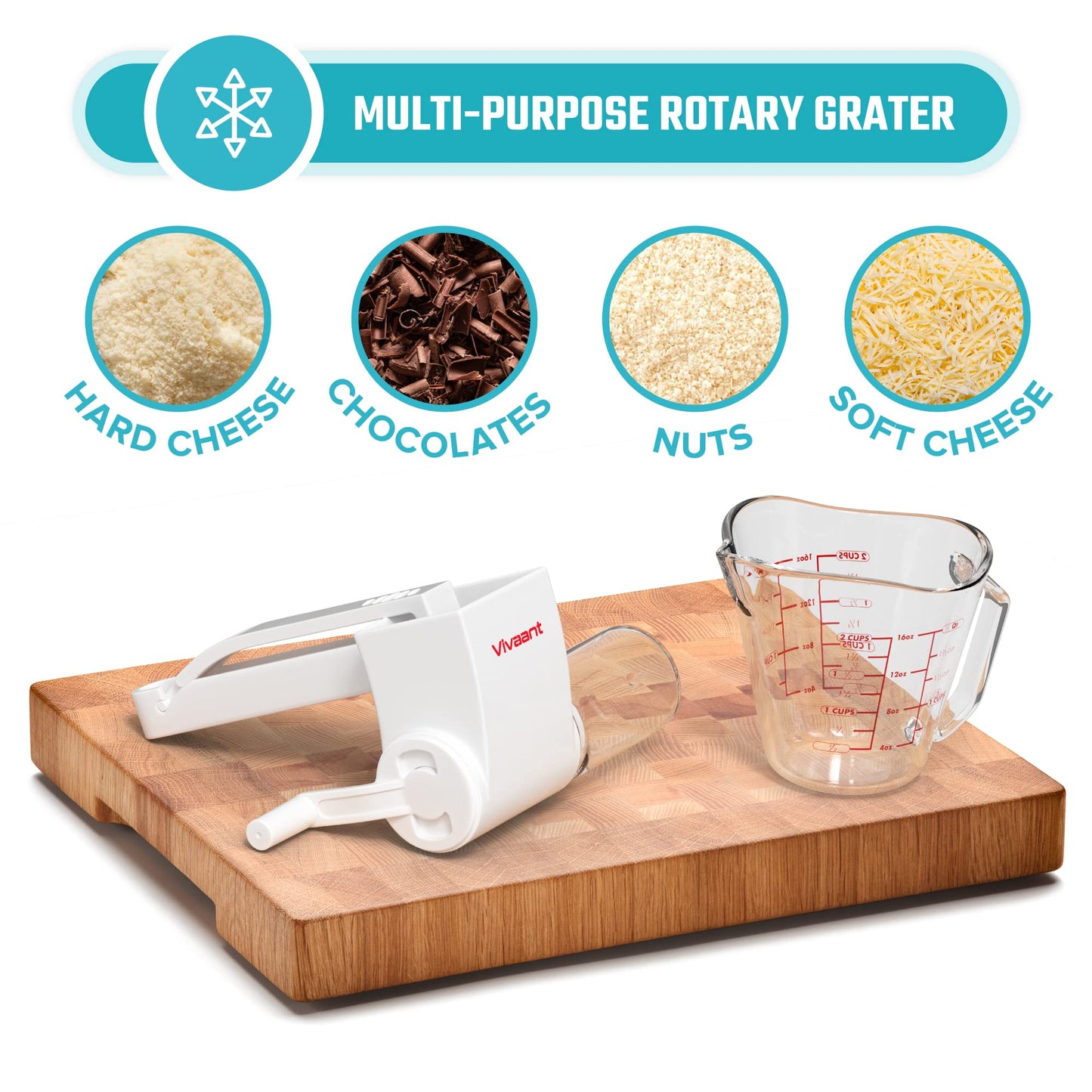 Vivaant Parmesan Cheese Grater Hand Crank, Restaurant-Grade Rotary Cheese Grater Handheld Italian Style with 2 Stainless Steel Drum Blades is Dishwasher Safe & Easy to Clean