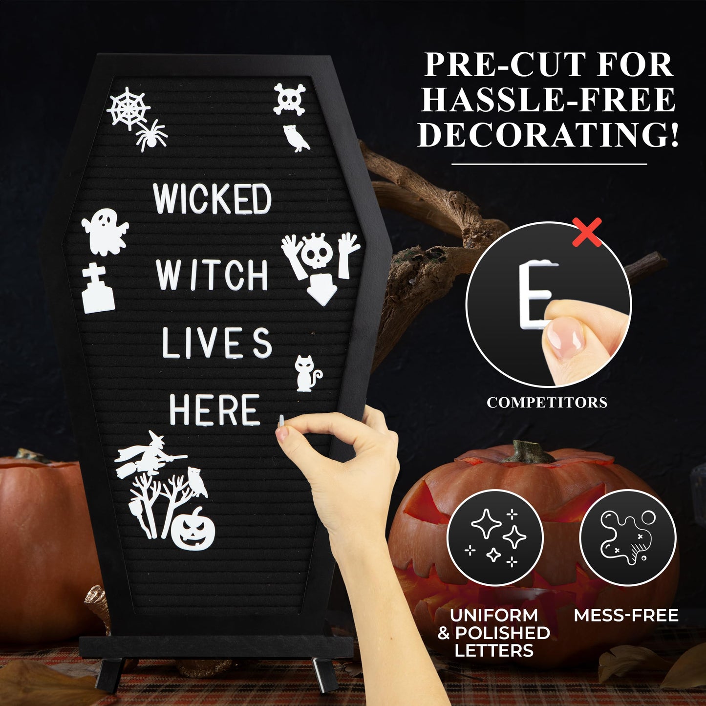 Manny's Mysterious Oddities Coffin Letter Board with Mini Coffin Board- Gothic Wedding Decor - Spooky 17x10.5 inches Felt Letter Board with 500 Precut Characters & Emojis