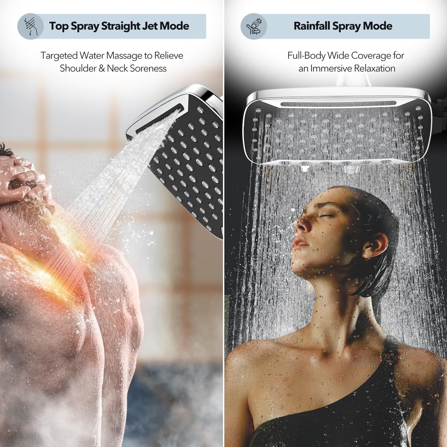 High Pressure Rain Shower Head, 7 Spray Modes Rain Shower Heads with Handheld Spray Combo, Dual Showerhead with 10 Inch Rainfall Spray, Detachable Hand Held Shower, Stainless Steel Hose, Power Wash