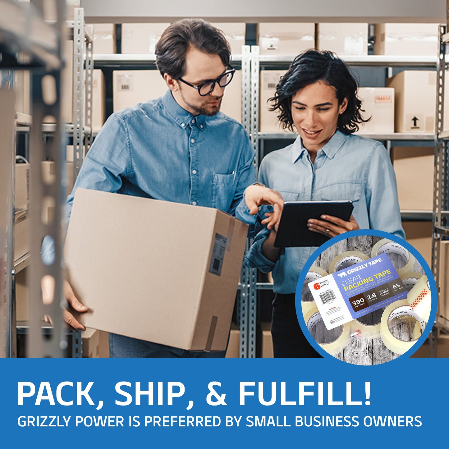 Grizzly Power Clear Packing Tape (12 Rolls) | Heavy Duty Packing Tape (2 Inch x 65 Yards) | 2.8mil Thick Strong Adhesive for Moving Boxes, Shipping Cartons, Office Use, Storage & Wrapping (780 Yards)