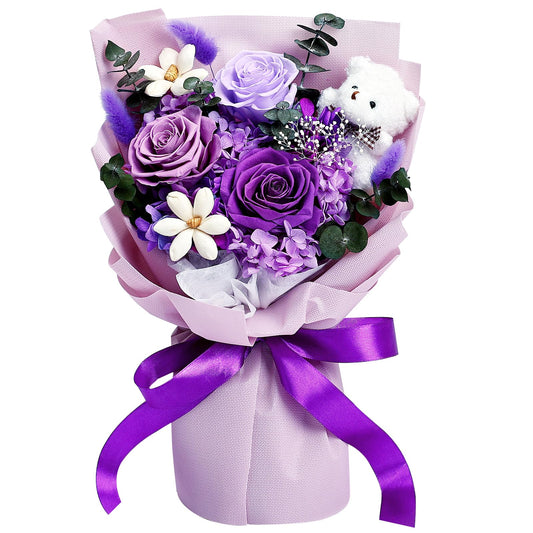 Tobilu Preserved Flowers Bouquet Graduation - Purple Forever Roses with Bear for Graduation Gifts, Anniversary, Birthday, Valentine for Mom Grandma Women Wife - Purple