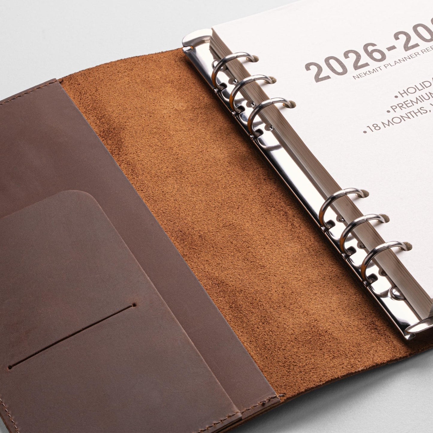 Nekmit Leather Planner 2026, A5 Refillable Runs From January 2026 to June 2027 Ring Binder 5"x8" Planner Monthly Weekly, Crazy Horse Leather Cover with Storage Pockets, Back to School Supplies