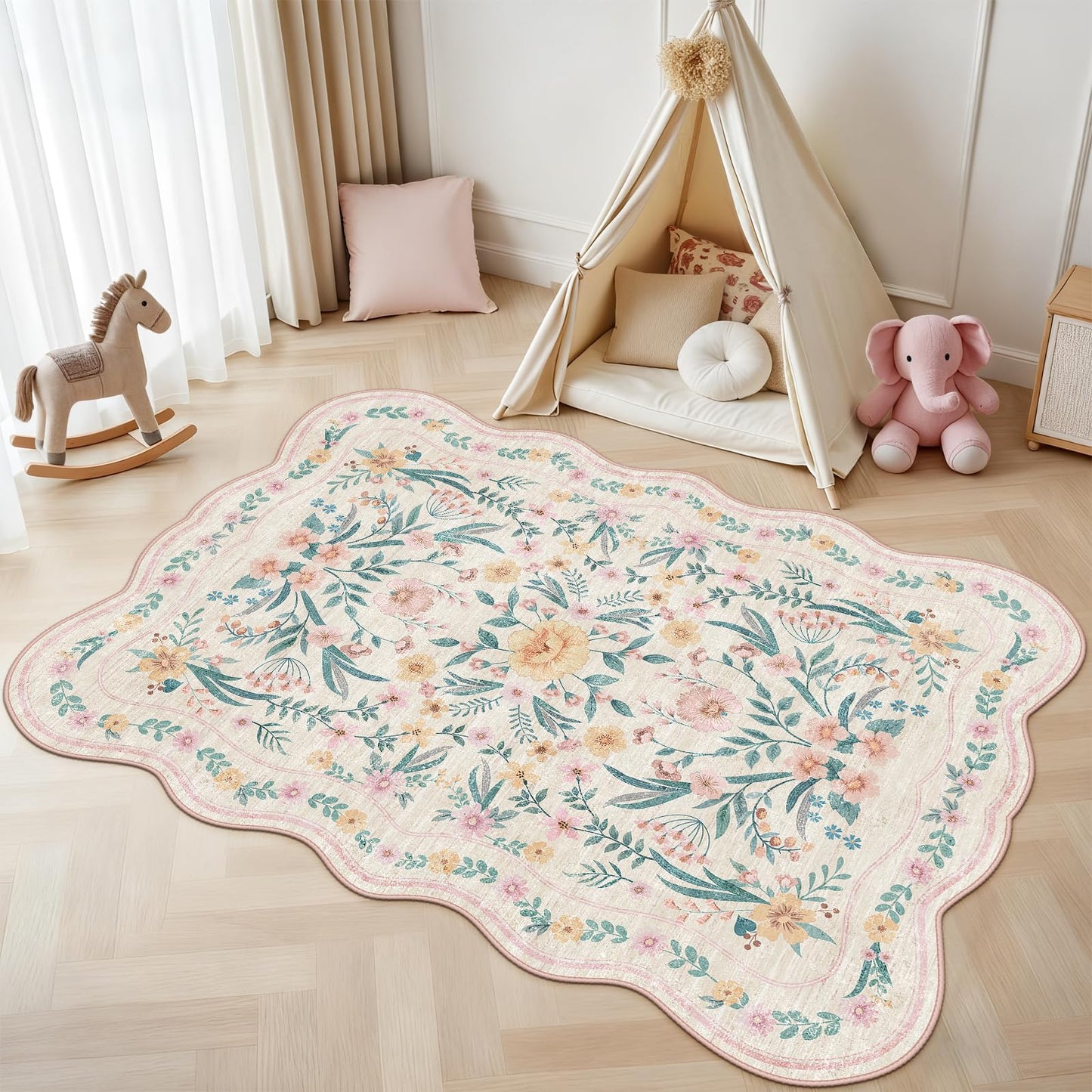 Dadasgk Pink Floral Rug 5X7 for Girls Bedroom or Nursery, Scalloped Washable Non-Slip Area Rug, Cute Soft Boho Carpet for Kids Room, Dorm, or Playroom