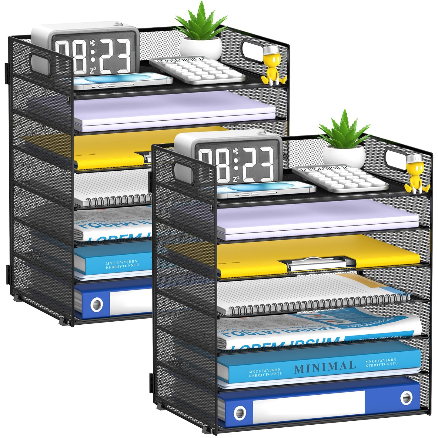 ReePlan 2 Pack 7 Tier Paper Organizer - Mesh Desktop File Holder with Handles for Office School Desk, Black