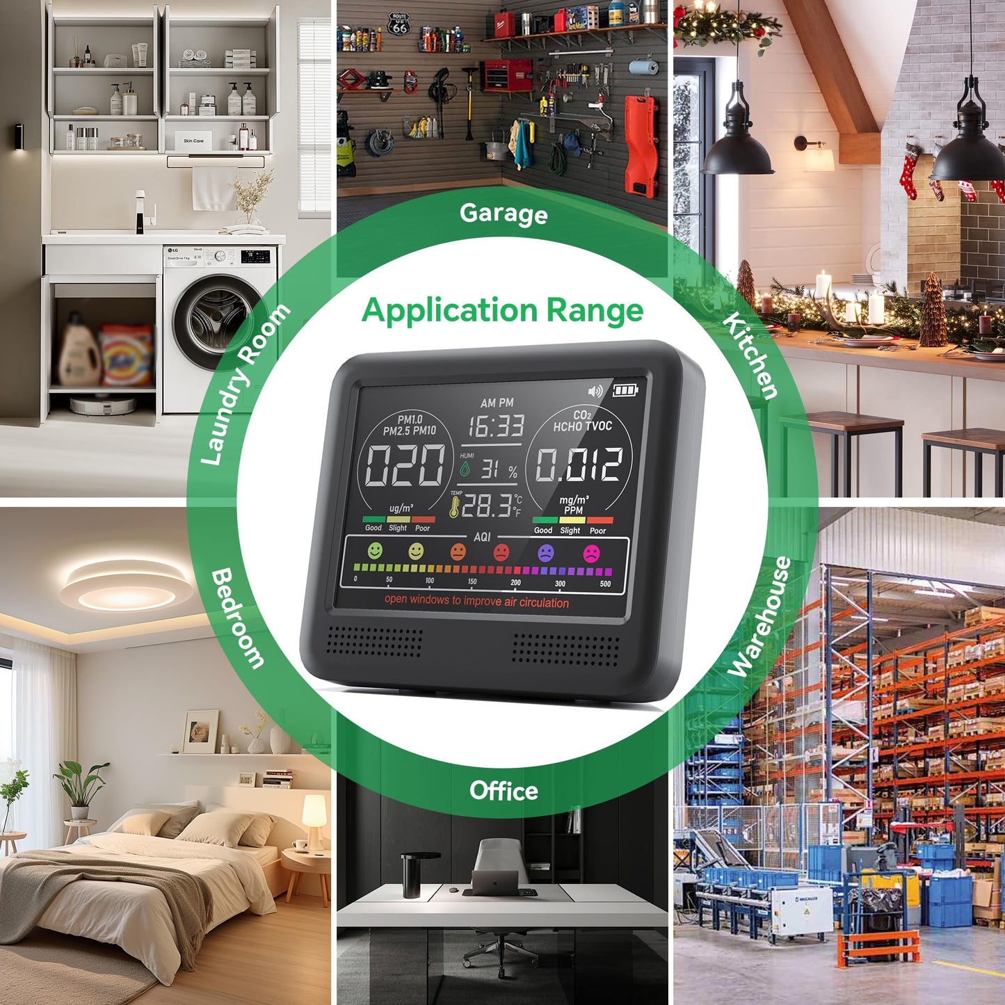 16-in-1 Air Quality Monitor Indoor with 7AQI Beep Alarm, CO2 Monitor, Air Quality Detector with PM1.0 | PM2.5 | PM10 | Temp | HUM | Formaldehyde | VOC Tester for Home Office Plant