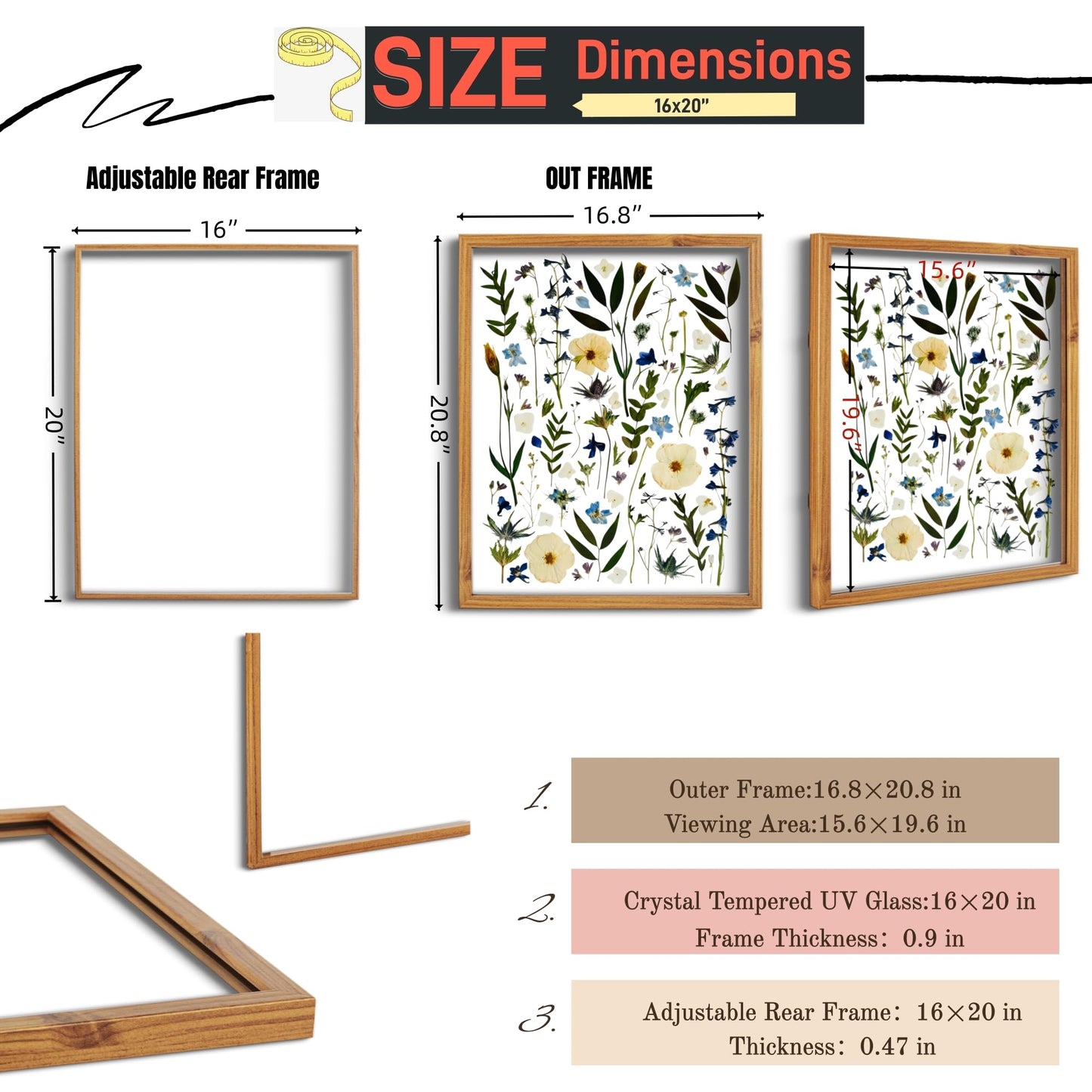 Volakk Floating Frames 16x20 Walnut Wood Shadow Box Frame For Pressed Flower Floater Double UV Glass Pressed Flower Floating Frame 20x24 Bouquet Frames For Wedding Memory