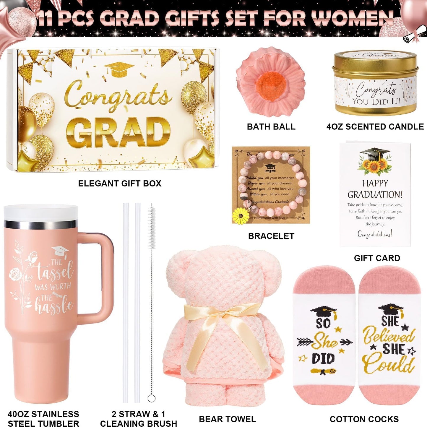 2026 Graduation Gift for Her, Cool Congratulation Gifts for Women Class of 2026 Graduation Gift Basket for College Middle High School Master Degree Best Grad Gifts Box for Nurse Law Graduates - Pink