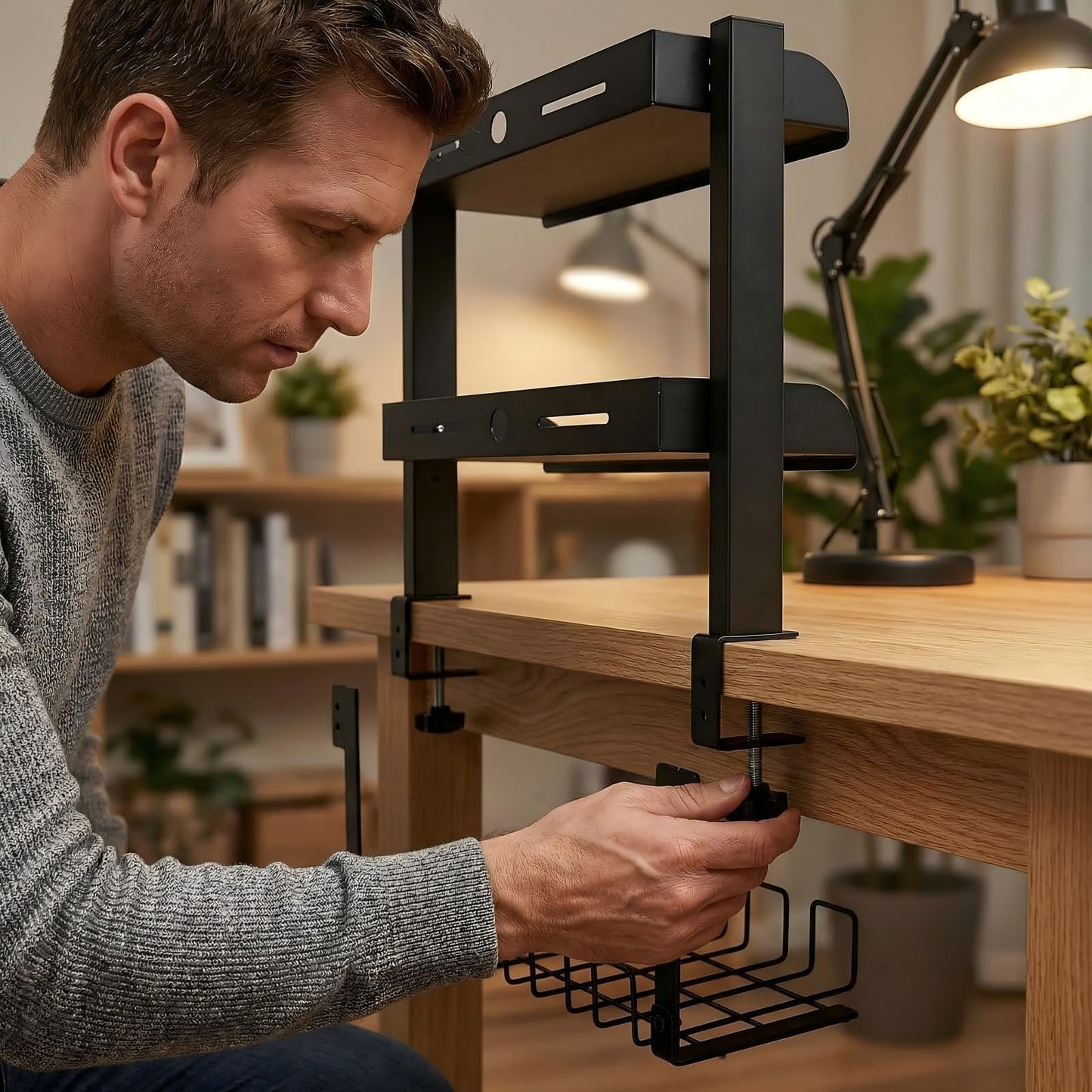 Clamp On Desk Shelf, 17'' 2-Tier Desktop Organizer Shelf with Under-Desk Hidden Storage Basket, Heavy-Duty Desk Shelves for Top of Desk, Space-Saving Desk Storage for Home Office Gaming Setup (Black)