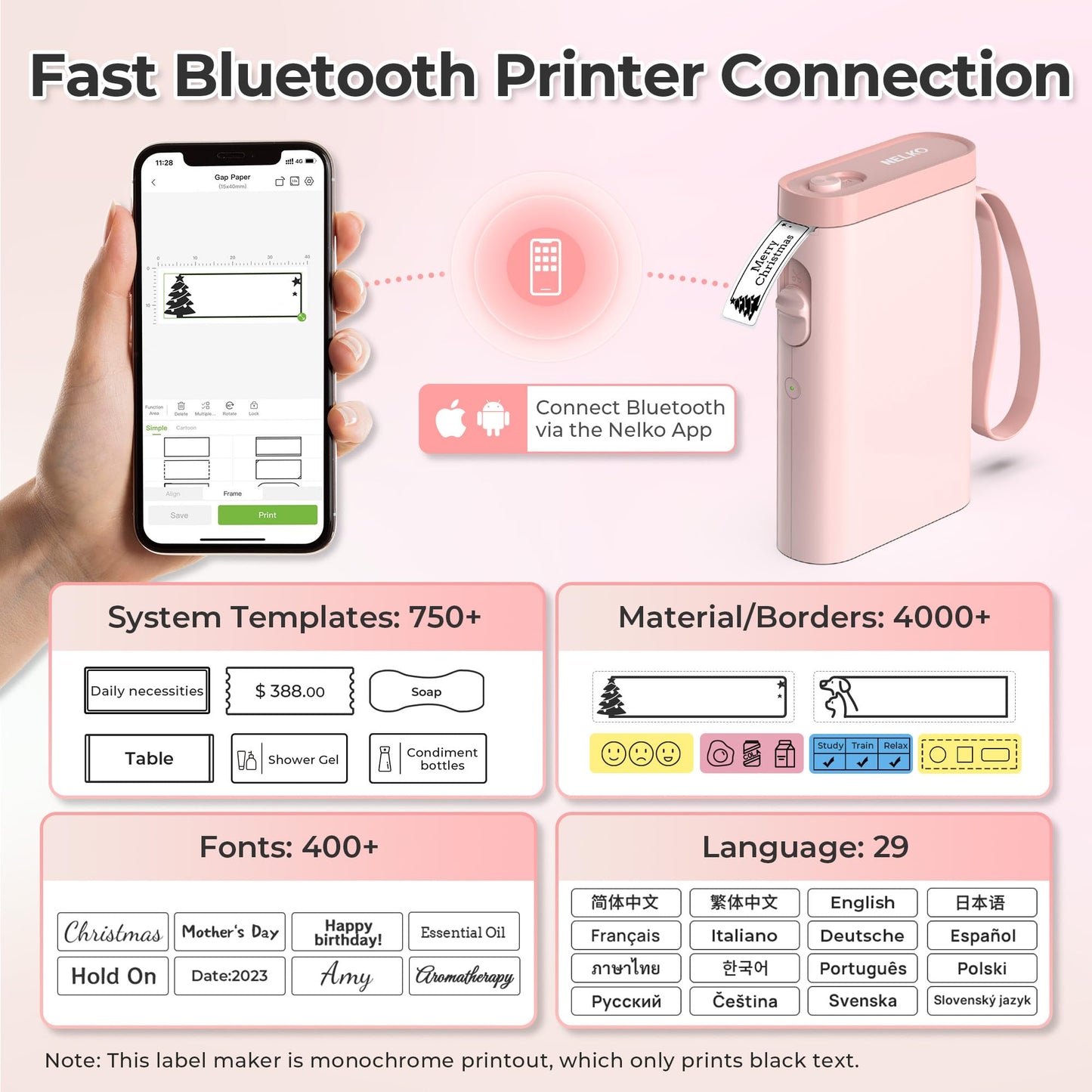 Nelko Label Maker Machine with Tape, P21 Bluetooth Label Printer with 3 Tapes, Wireless Mini Label Makers with Multiple Templates Icon Font Custom for School Office Home, Pink